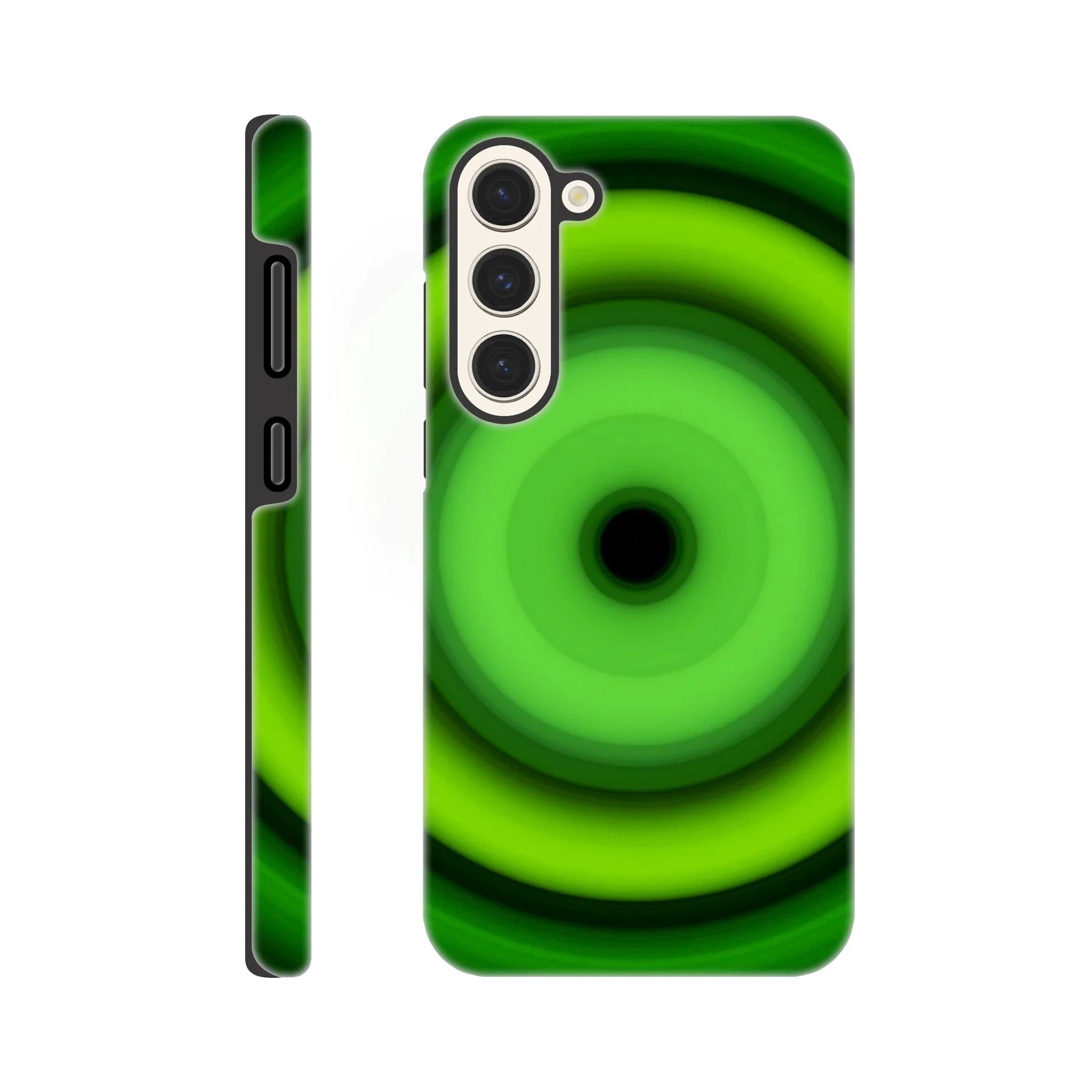 A circular aperture shape with six concentric rings graduating from bright lime green in the center to dark forest green at the edges, with a small black void at the core.