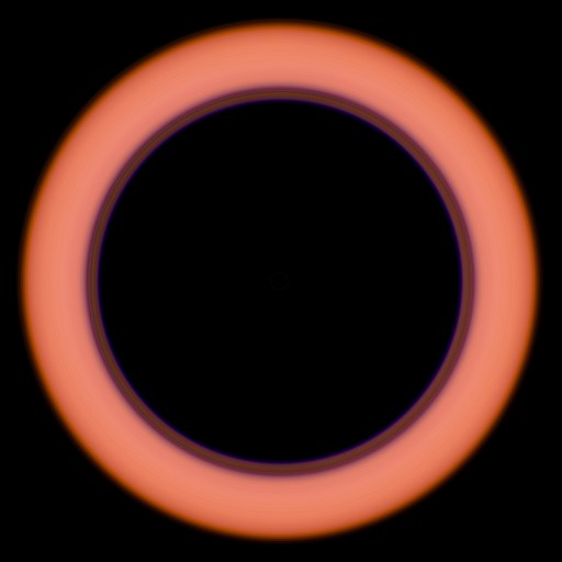 Abstract radial light photograph with coral orange outer band dissolving through violet toward black center void