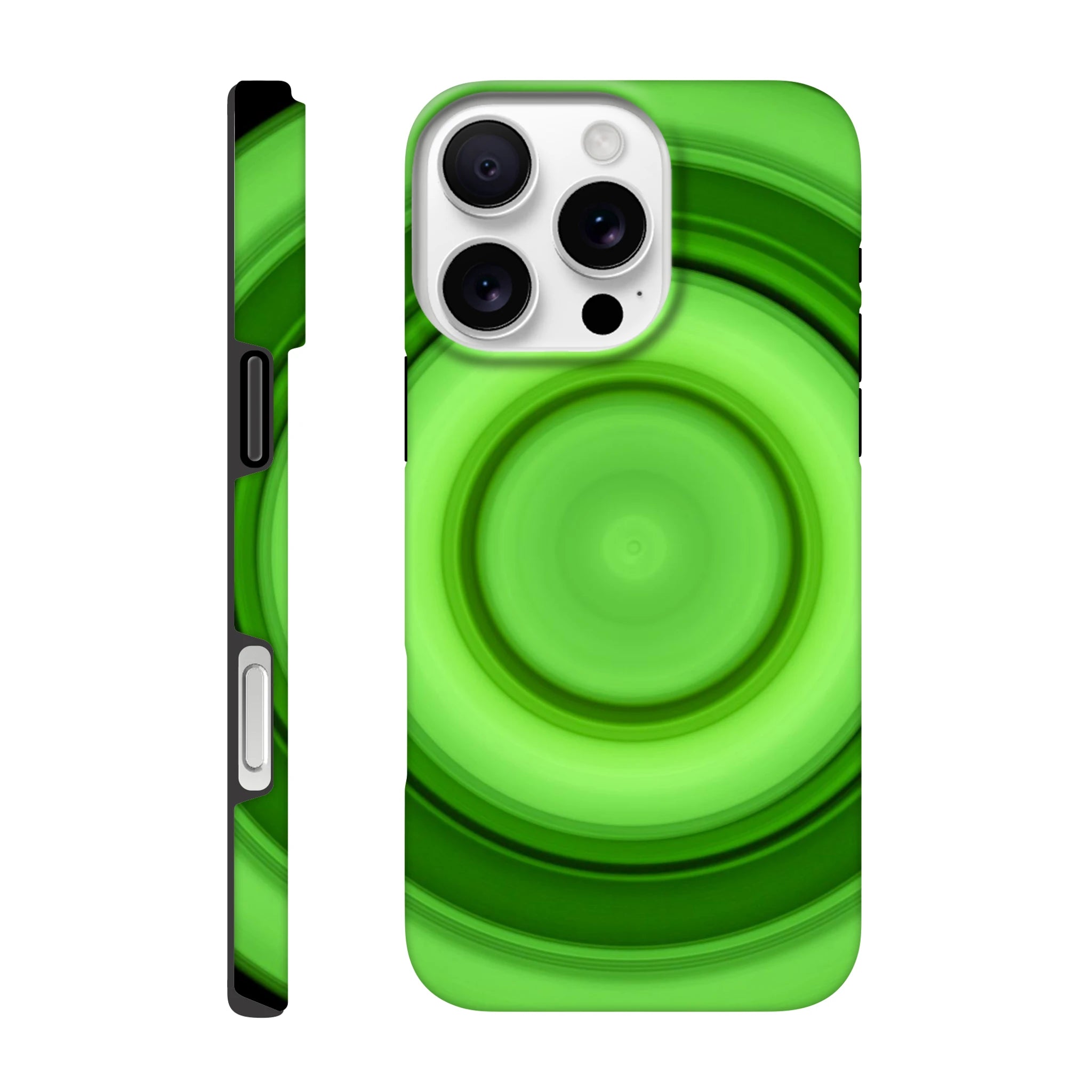 A circular disc with concentric rings in lime green tones radiating from a bright center core to darker green outer edges on black background.