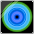 A circular pattern with concentric rings transitioning from a black center through various shades of blue to a lime green outer edge.