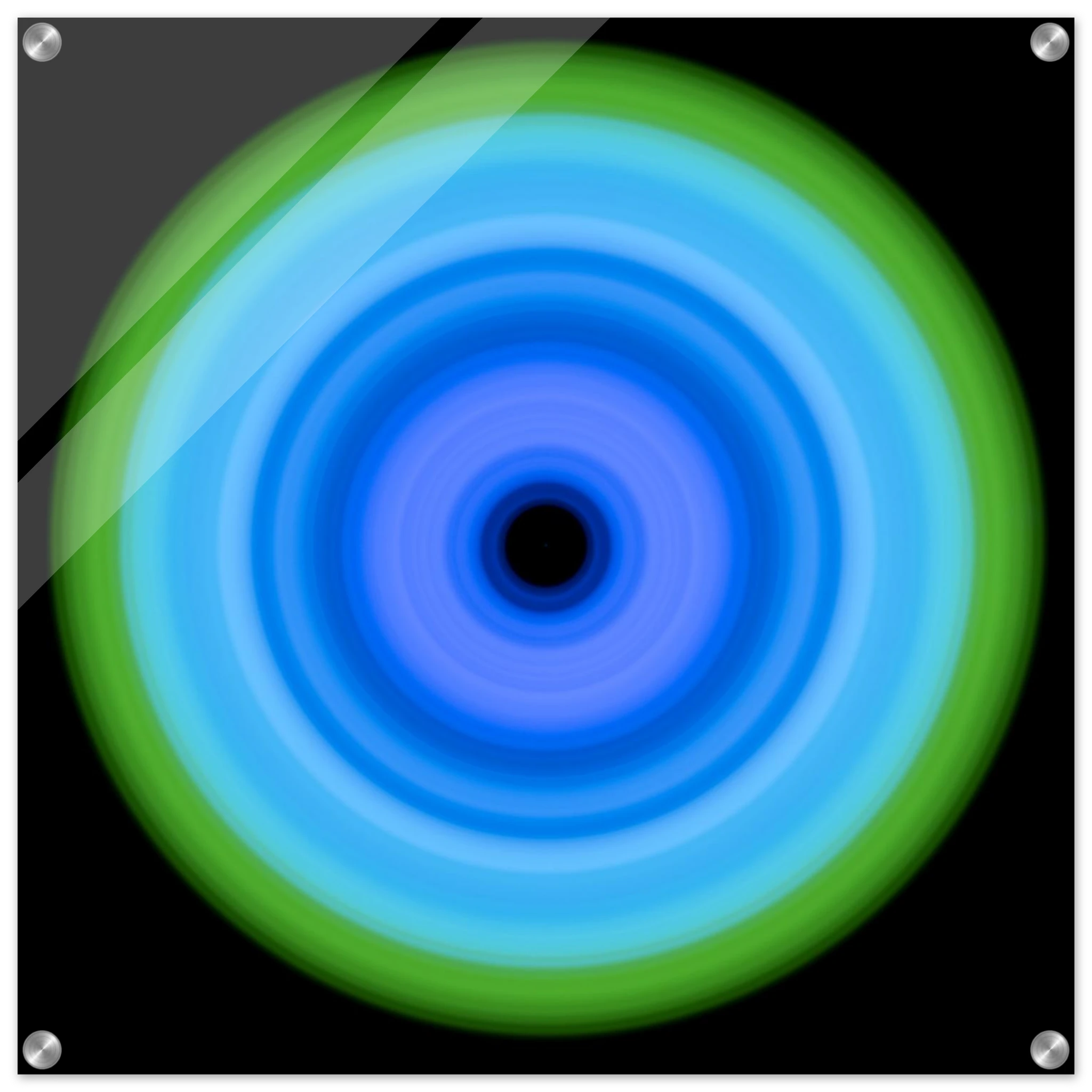 A circular pattern with concentric rings transitioning from a black center through various shades of blue to a lime green outer edge.