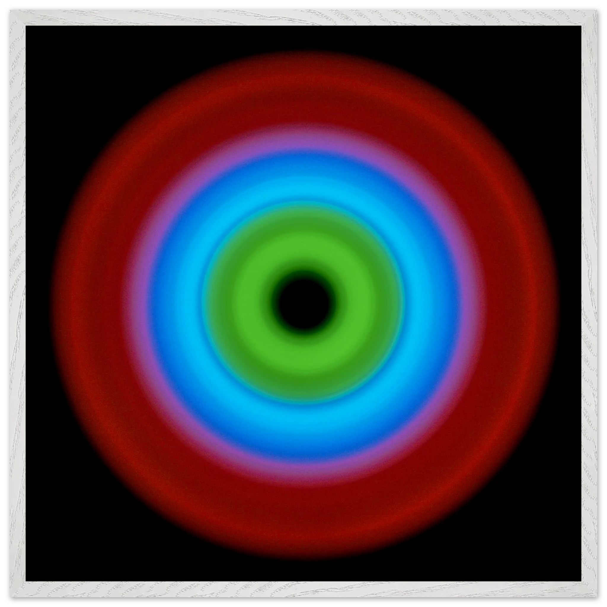 A circular radial form with concentric color bands transitioning from a black center through bright green to blue to red at the outer edge.