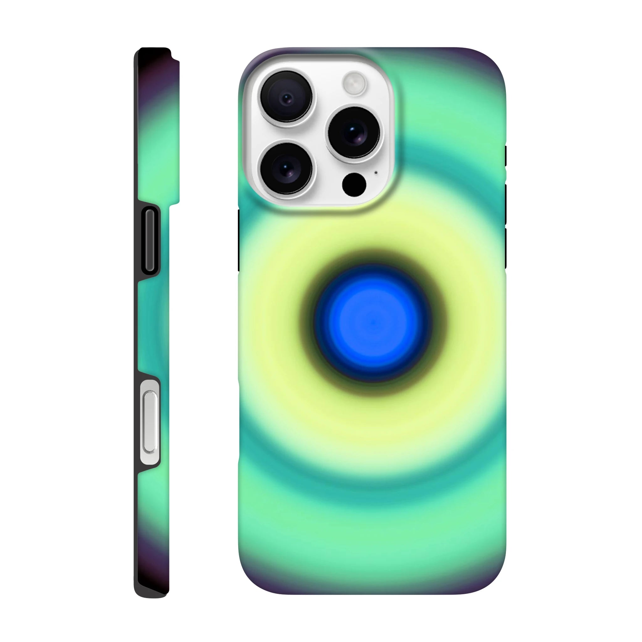 A circular disc with a bright blue center, surrounded by concentric rings of yellow-green, teal, mint green, and purple that fade into black.