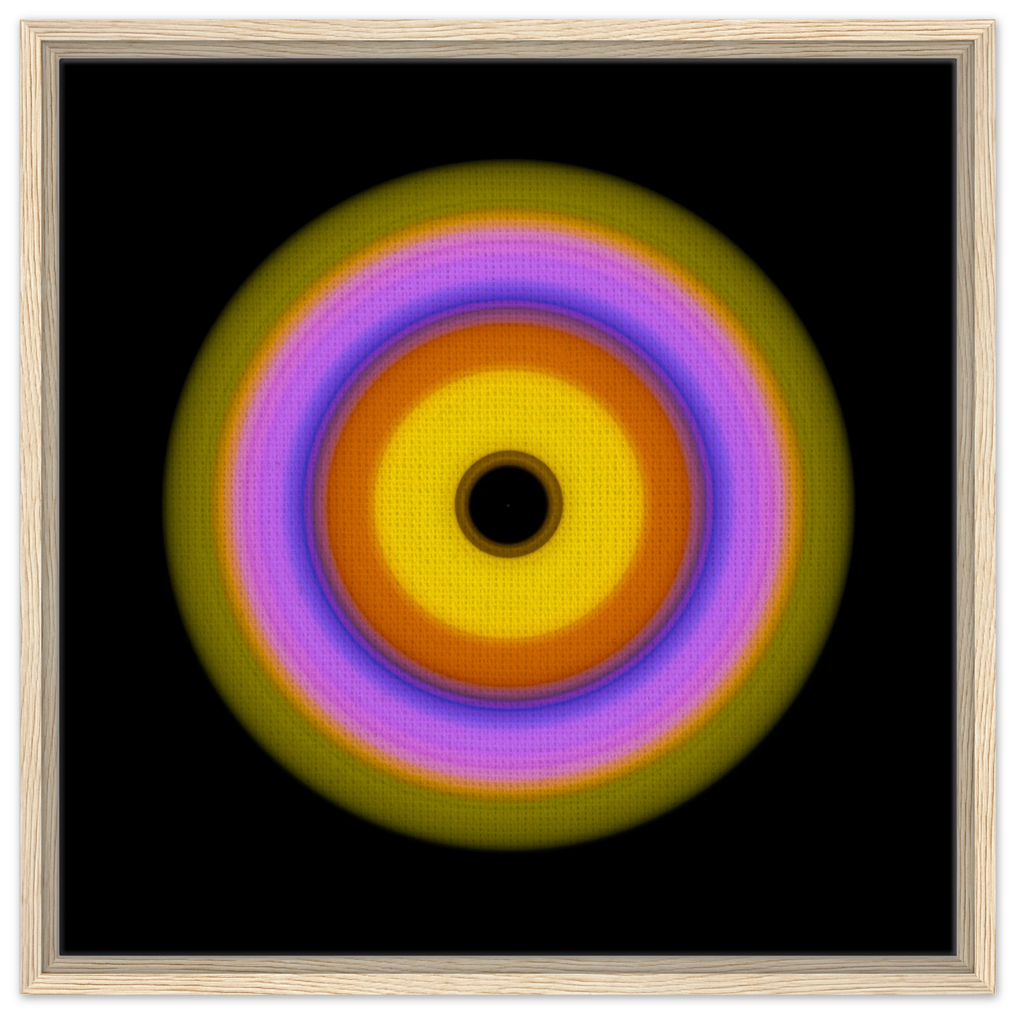 A circular pattern with six concentric rings radiating from a black center through yellow, orange, magenta, blue, lavender, and lime green.