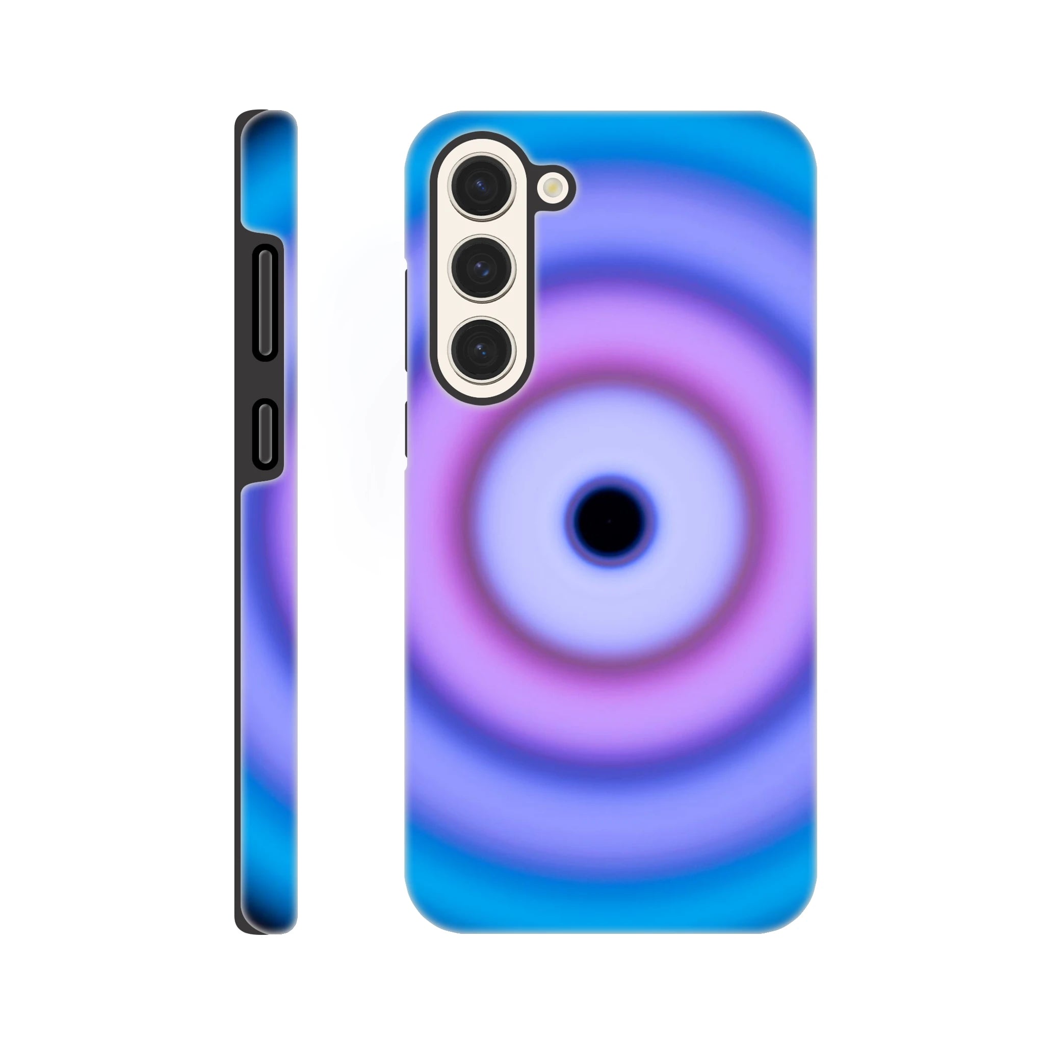 A circular aperture shape with electric blue outer ring transitioning through purple and violet to a bright pink core with a small dark center.