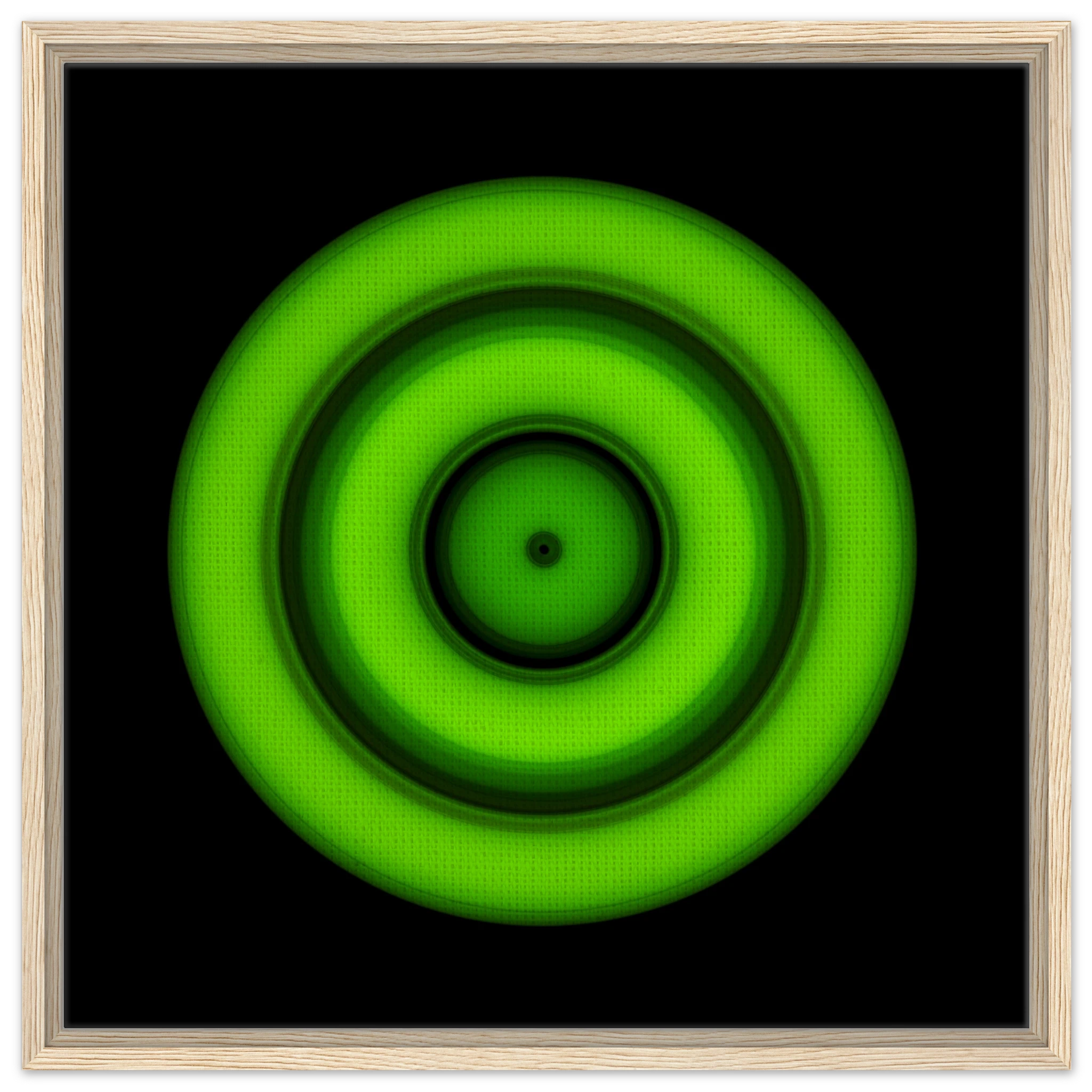 A circular disc with concentric color rings radiating from a small black center dot, transitioning from yellow core through orange, purple, and blue to bright lime green outer edge.