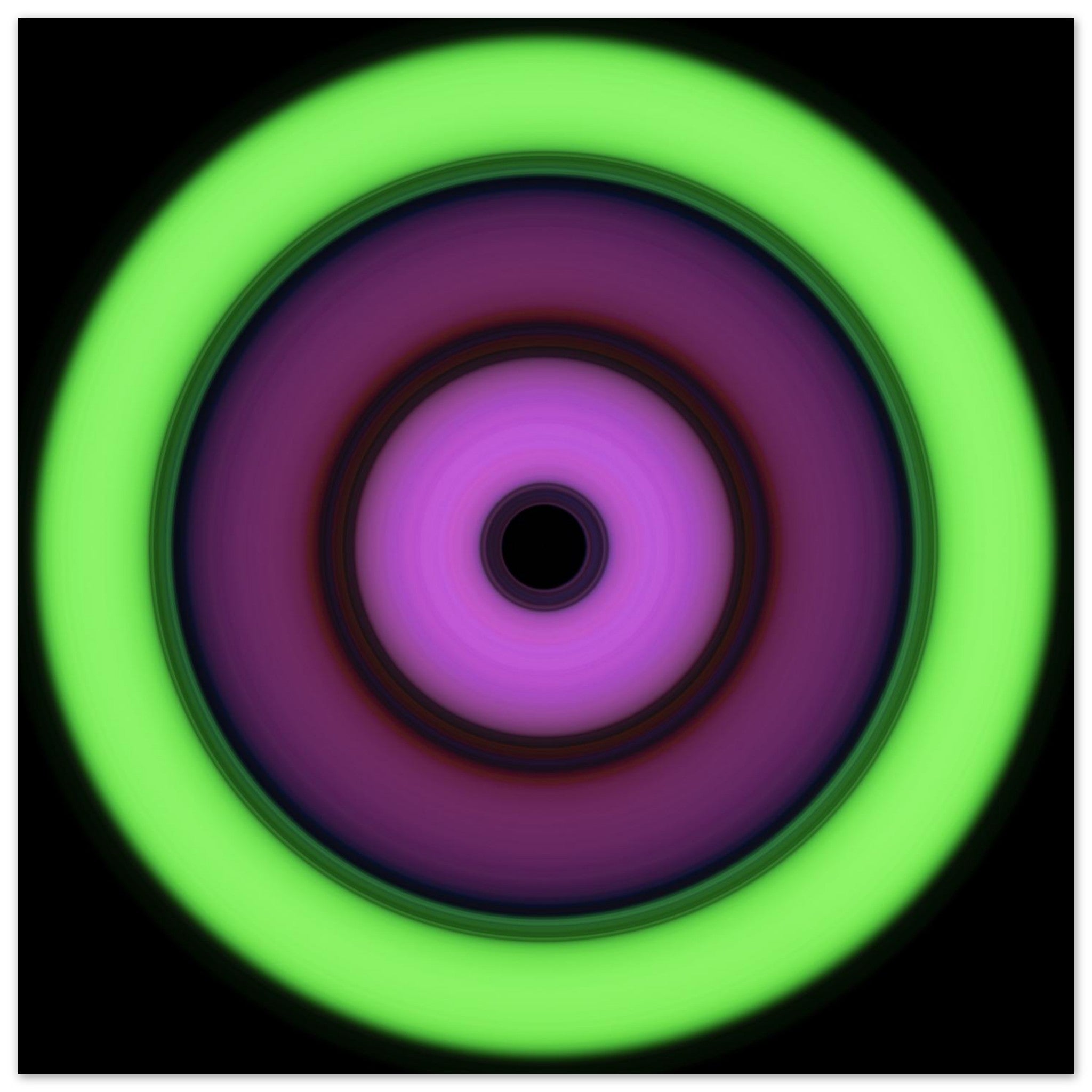 Circular aperture shape with concentric rings transitioning from bright lime green on the outside through purple tones to bright magenta around a small black center.