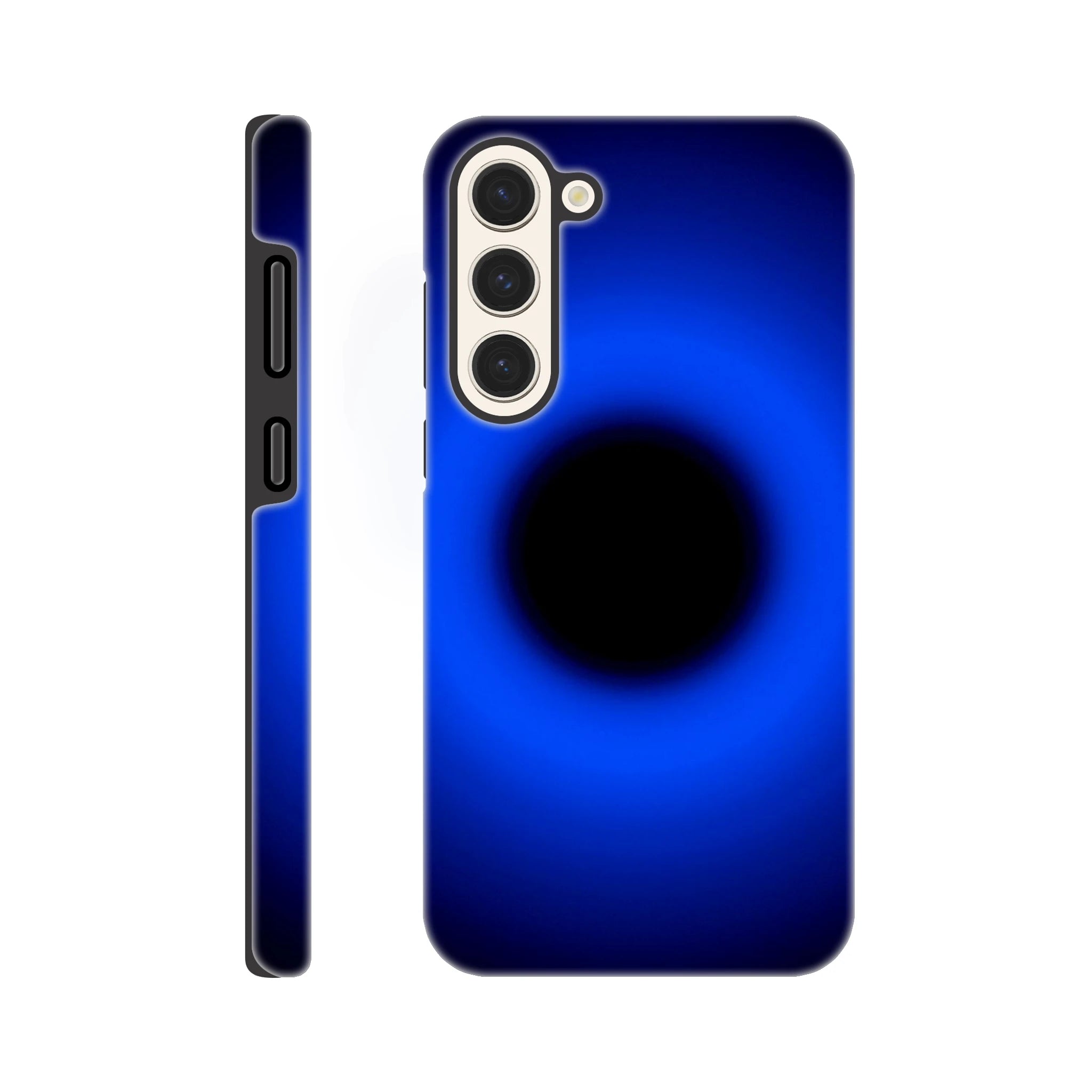 A circular ring of deep blue light surrounds a black center, gradually fading outward into darkness.