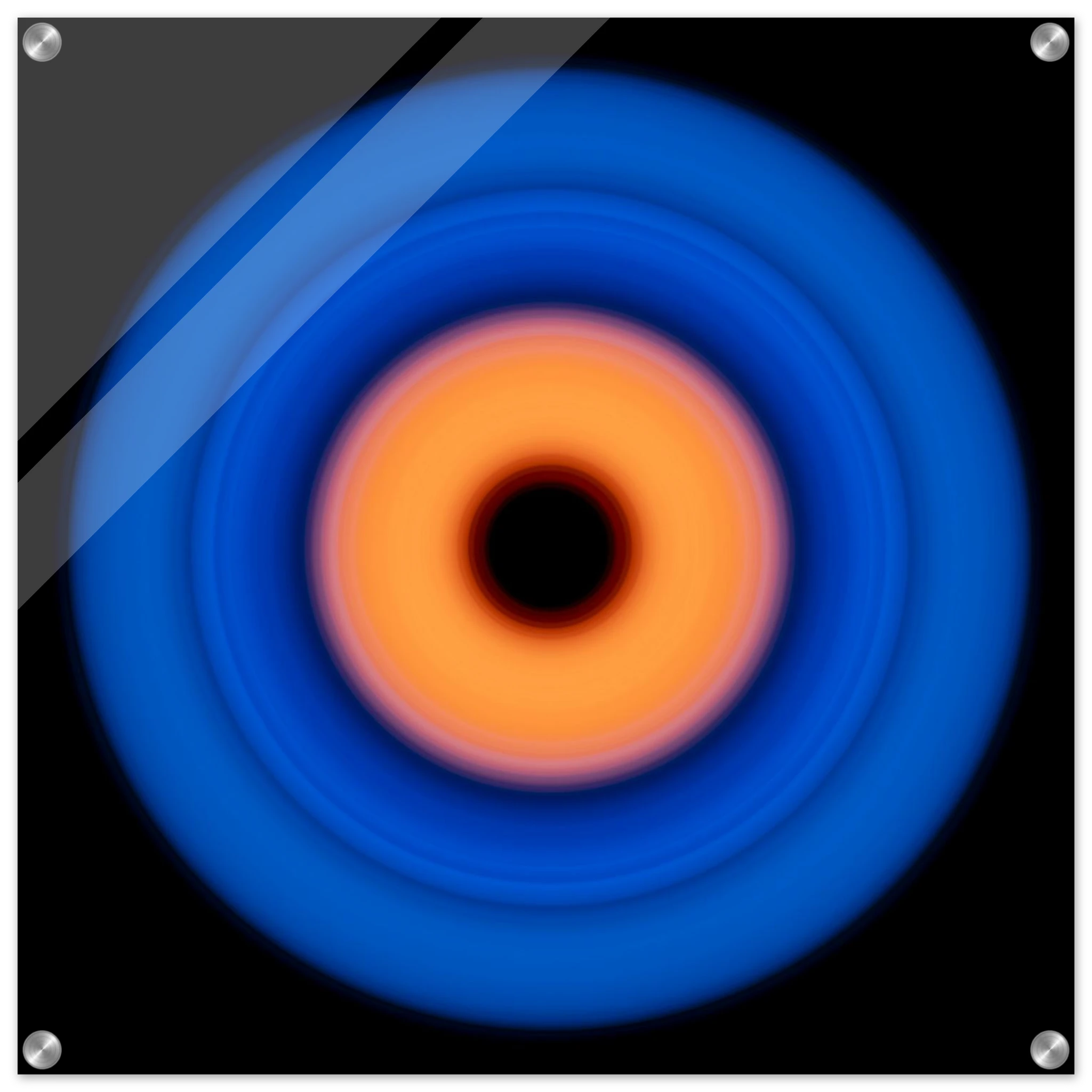 A circular ring with deep blue outer edge transitioning through purple-pink to coral orange center with a small black void in the middle.