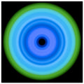 A circular pattern with concentric rings transitioning from a black center through various shades of blue to a lime green outer edge.