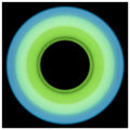 A circular ring shape that transitions from pale blue on the outer edge to bright lime green on the inner edge with a large black circular center.
