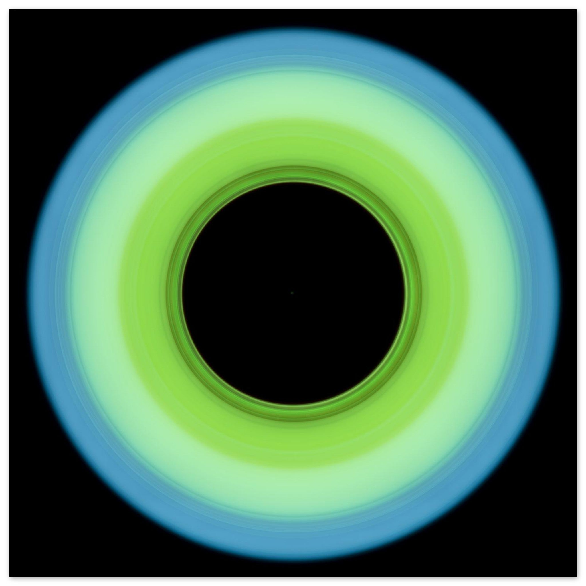 A circular ring shape that transitions from pale blue on the outer edge to bright lime green on the inner edge with a large black circular center.