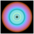 Circular aperture shape with dark center surrounded by concentric color bands transitioning from ice blue through turquoise and violet to coral pink.