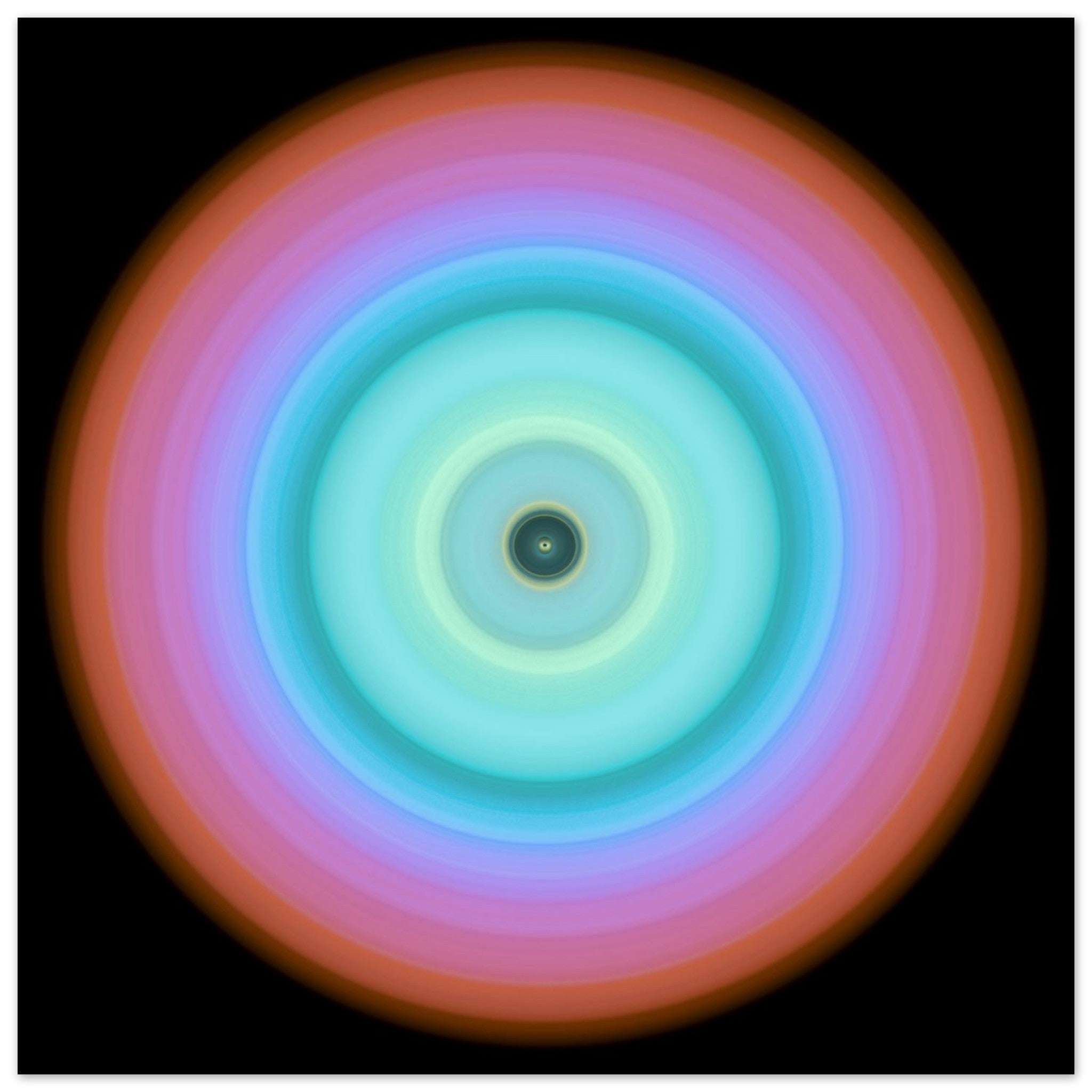 Circular aperture shape with dark center surrounded by concentric color bands transitioning from ice blue through turquoise and violet to coral pink.