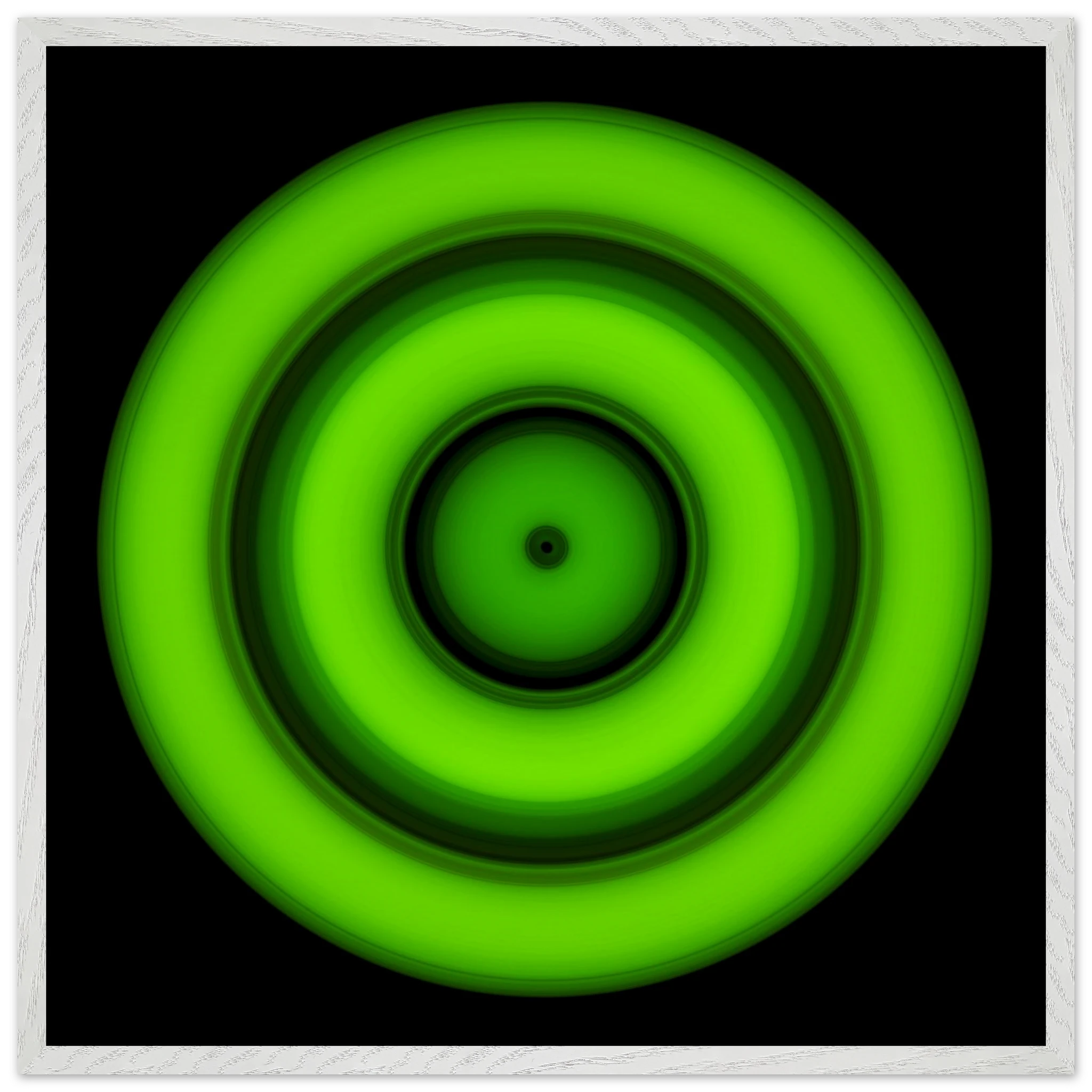 A circular disc with concentric color rings radiating from a small black center dot, transitioning from yellow core through orange, purple, and blue to bright lime green outer edge.