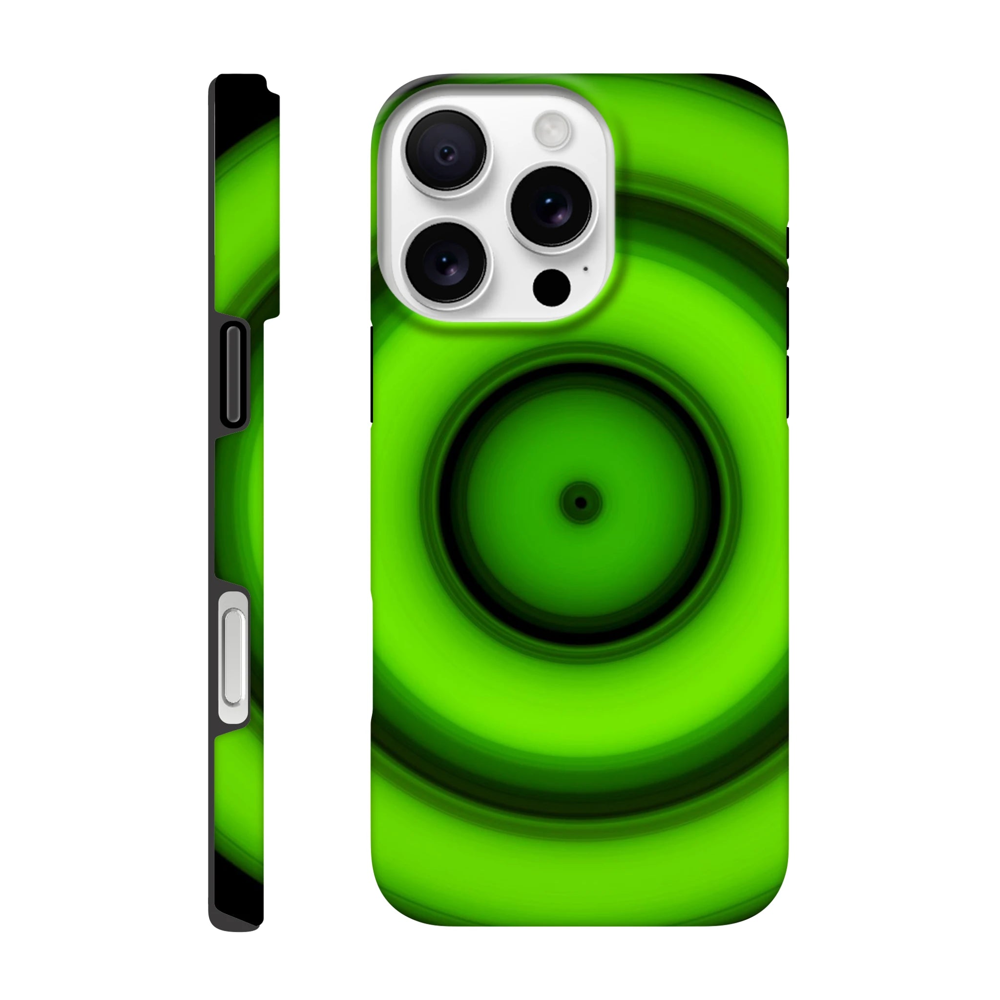 A circular disc with concentric color rings radiating from a small black center dot, transitioning from yellow core through orange, purple, and blue to bright lime green outer edge.