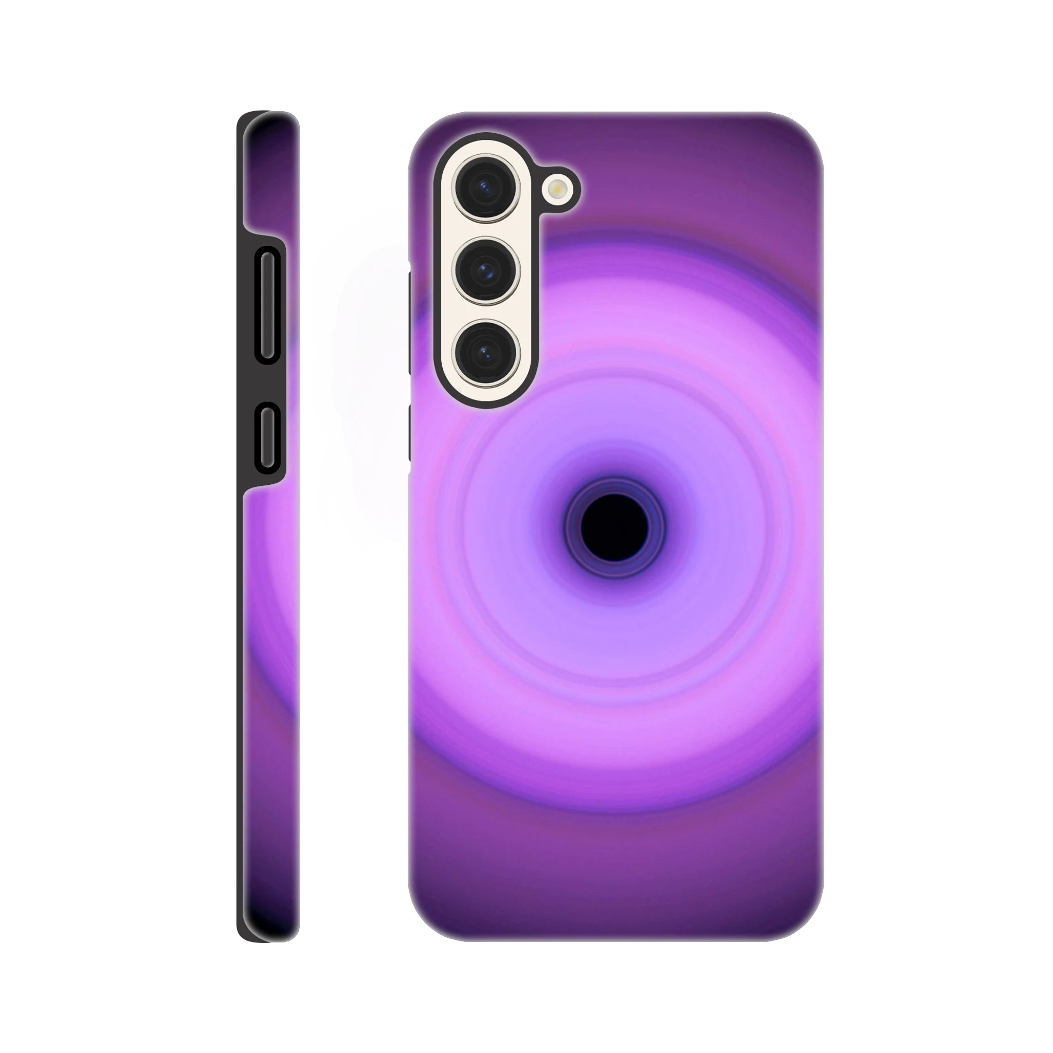 Circular light pattern with concentric rings transitioning from bright lavender in the center to deep violet at the edges, with a small black void at the center.