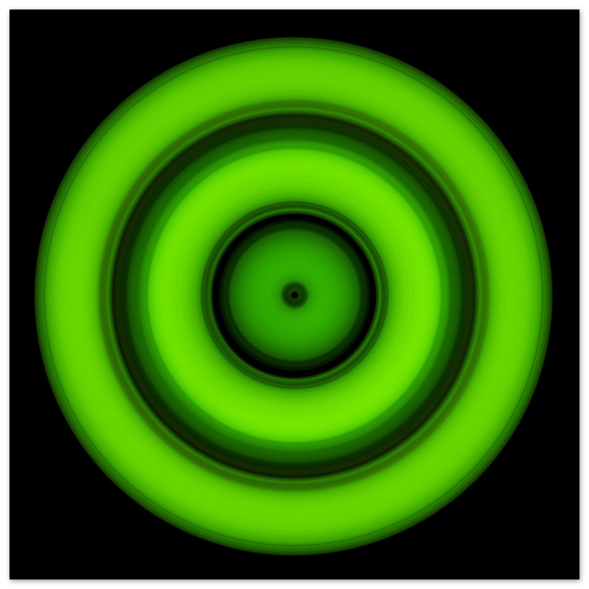 A circular disc with concentric color rings radiating from a small black center dot, transitioning from yellow core through orange, purple, and blue to bright lime green outer edge.