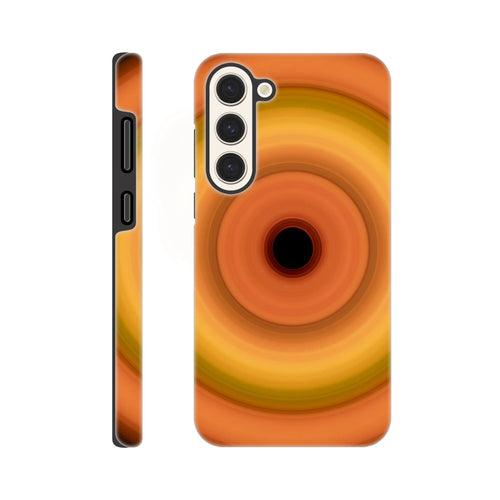 Circular concentric rings transitioning from coral orange outer edge through bright yellow middle bands to soft orange inner ring with small black center.