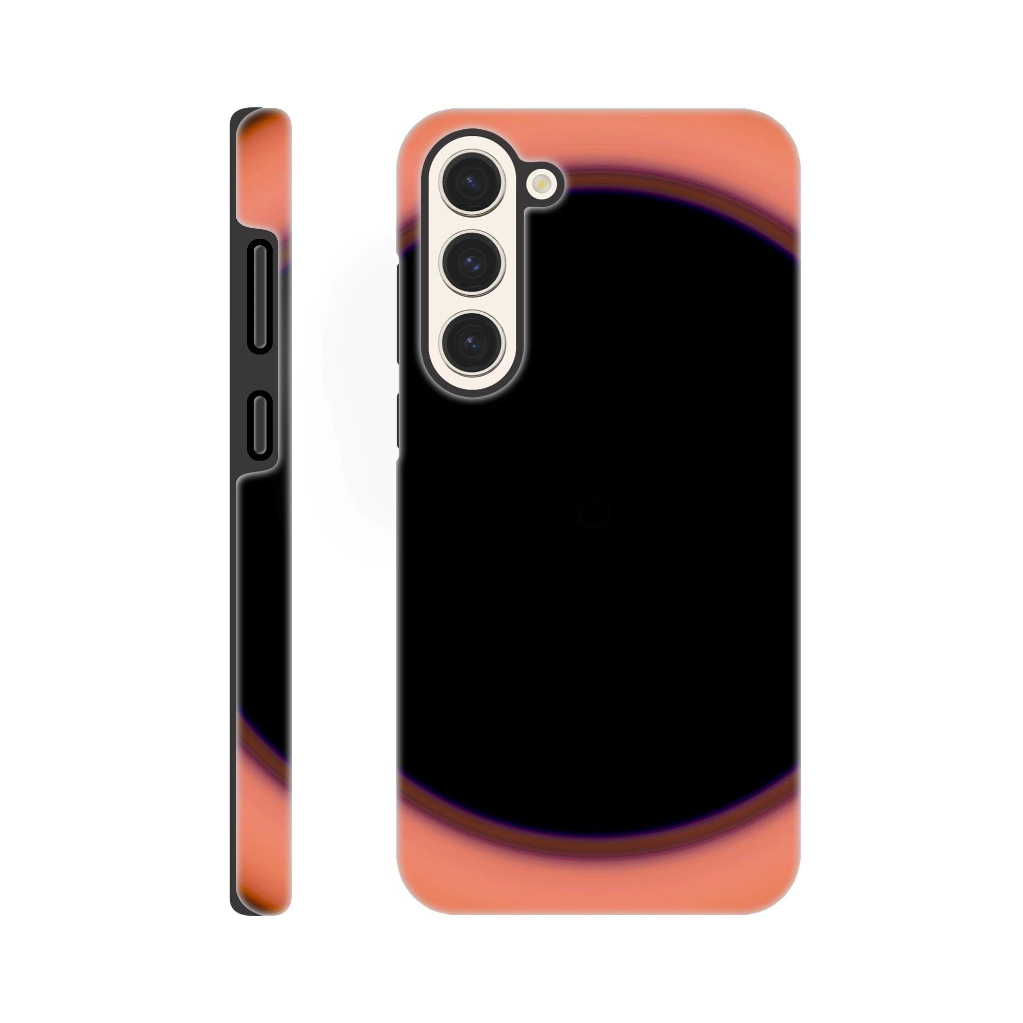 A circular image with a large black center surrounded by a thin violet ring that transitions to coral orange at the outer edges.