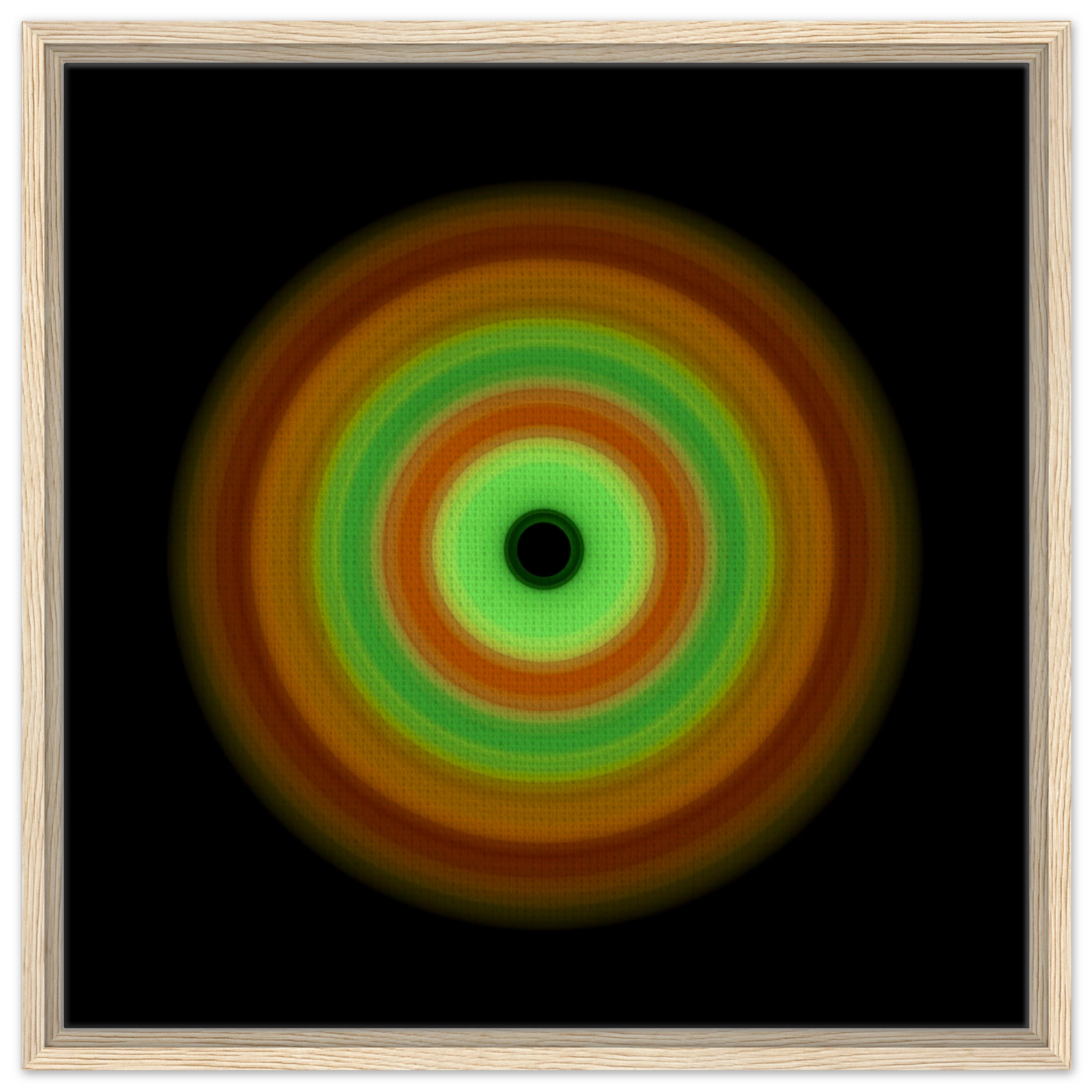 Circular image with seven concentric rings transitioning from burnt orange outer edge through yellow and green tones to pale lime center with small black void.