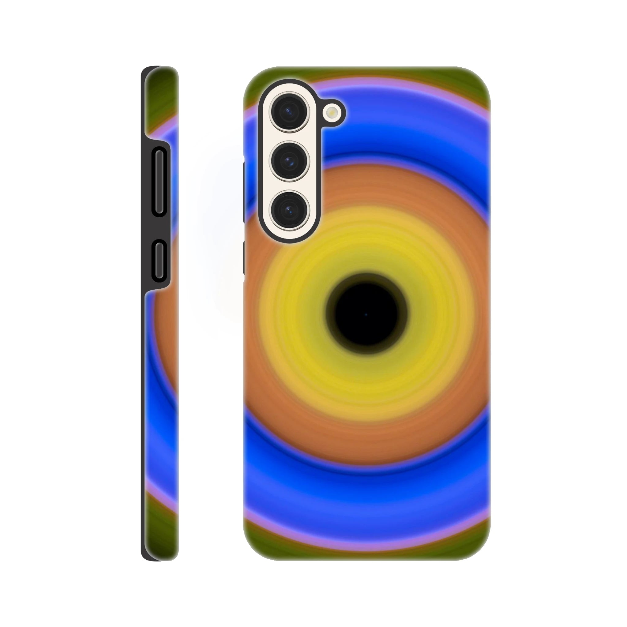 A circular aperture shape with concentric color rings radiating from a black center through yellow, orange, blue, and olive green.