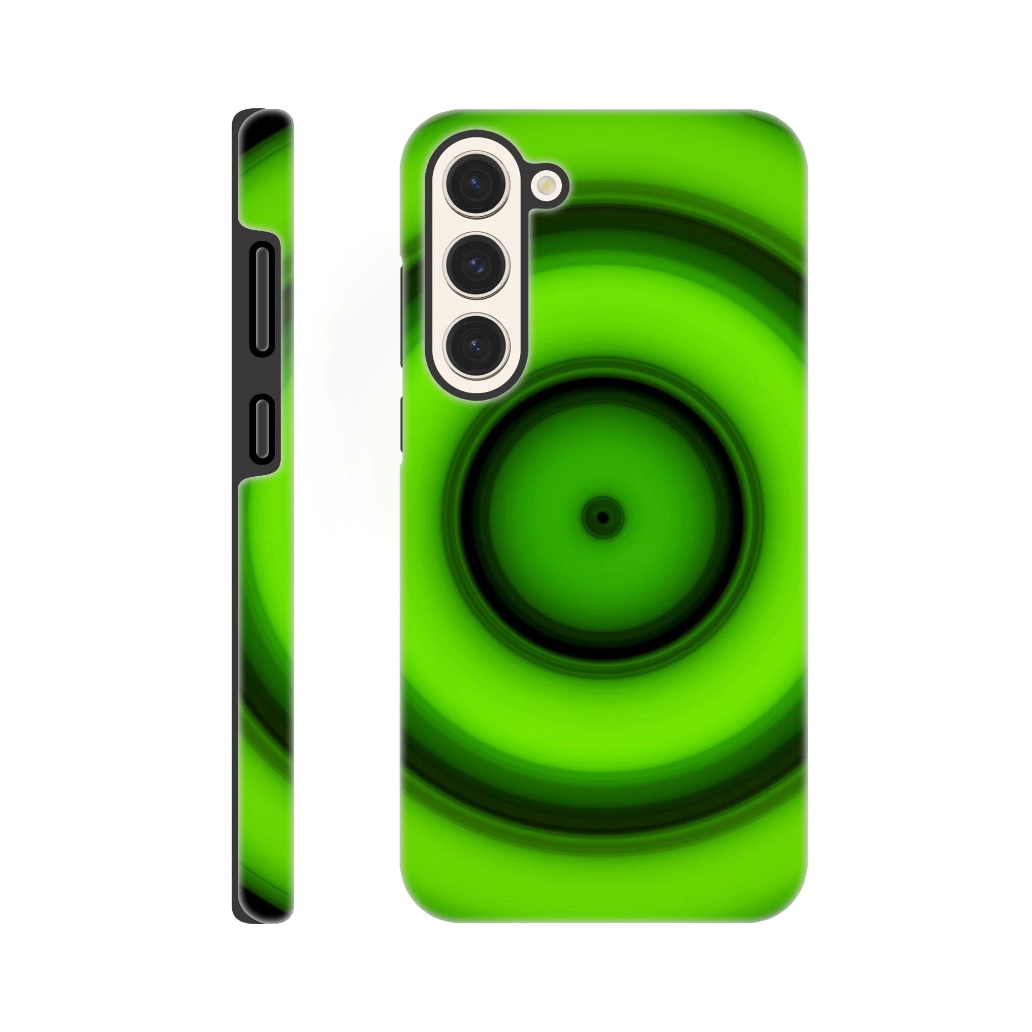 A circular disc with concentric color rings radiating from a small black center dot, transitioning from yellow core through orange, purple, and blue to bright lime green outer edge.