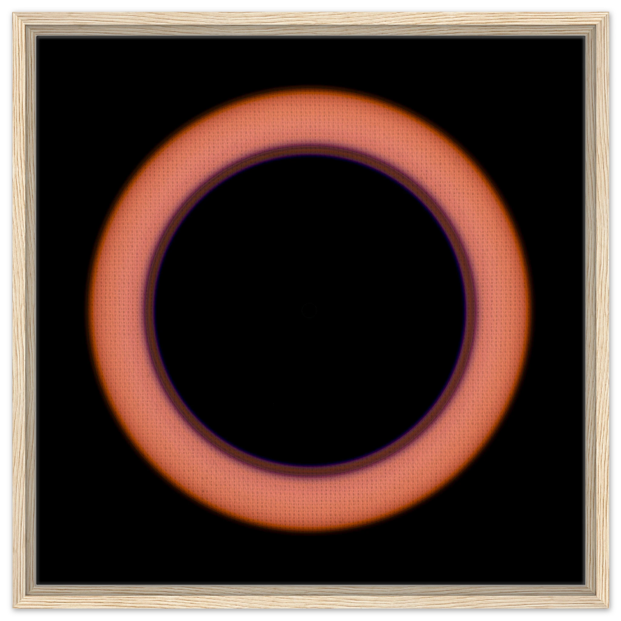 A circular image with a large black center surrounded by a thin violet ring that transitions to coral orange at the outer edges.