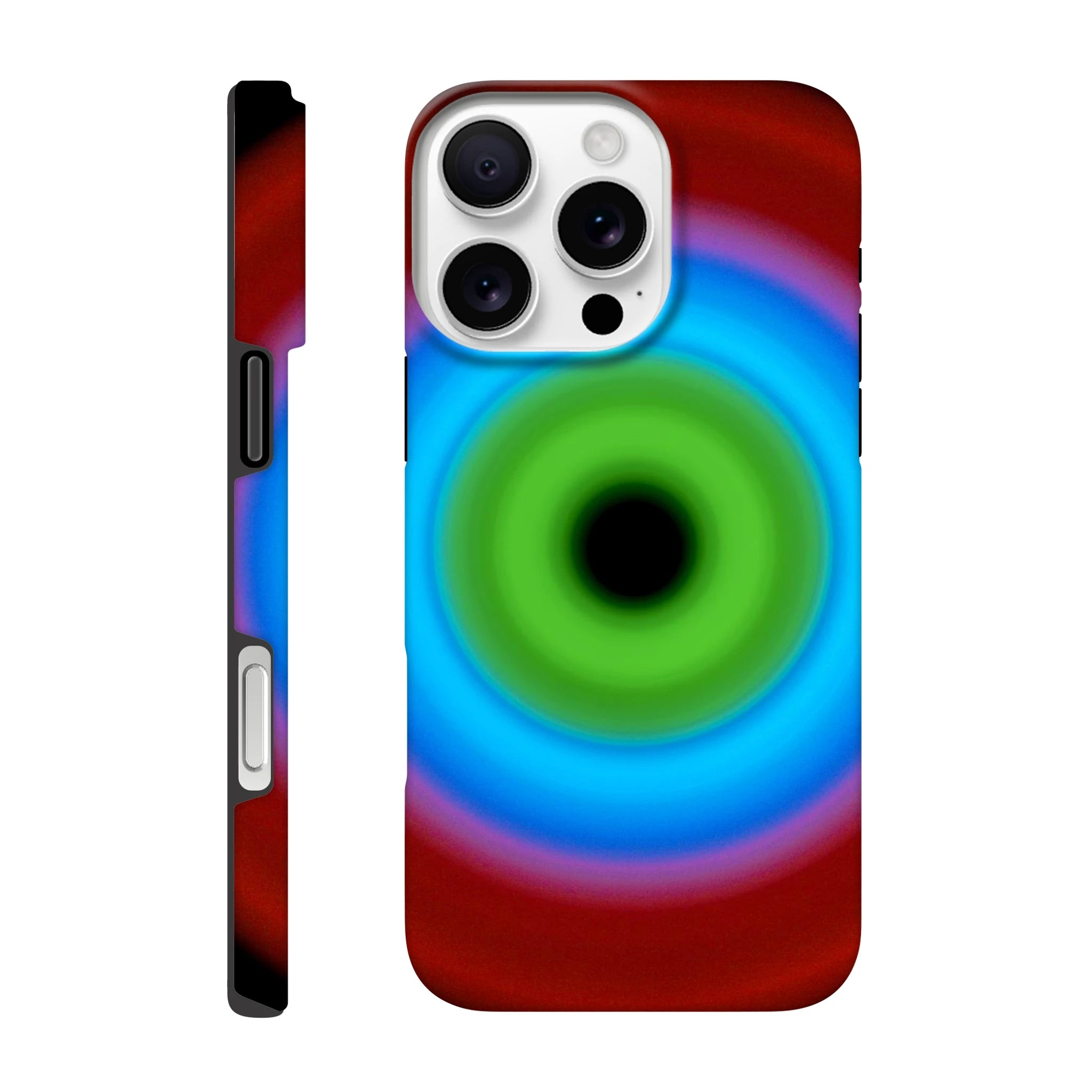 A circular radial form with concentric color bands transitioning from a black center through bright green to blue to red at the outer edge.