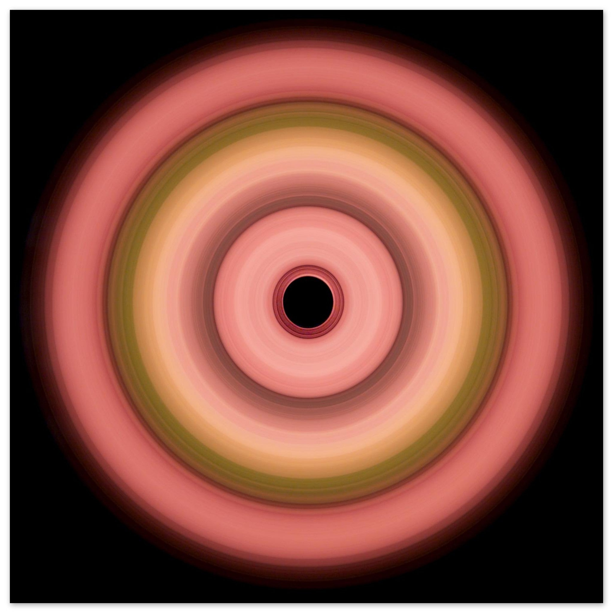 A circular aperture with six concentric rings transitioning from coral on the outside through pink, olive green, and peach to a black center.