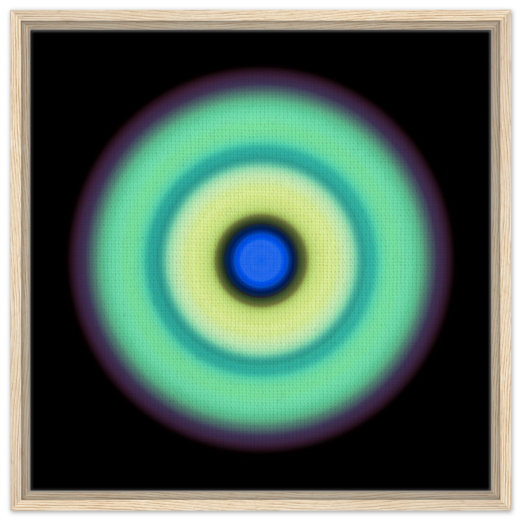 A circular disc with a bright blue center, surrounded by concentric rings of yellow-green, teal, mint green, and purple that fade into black.