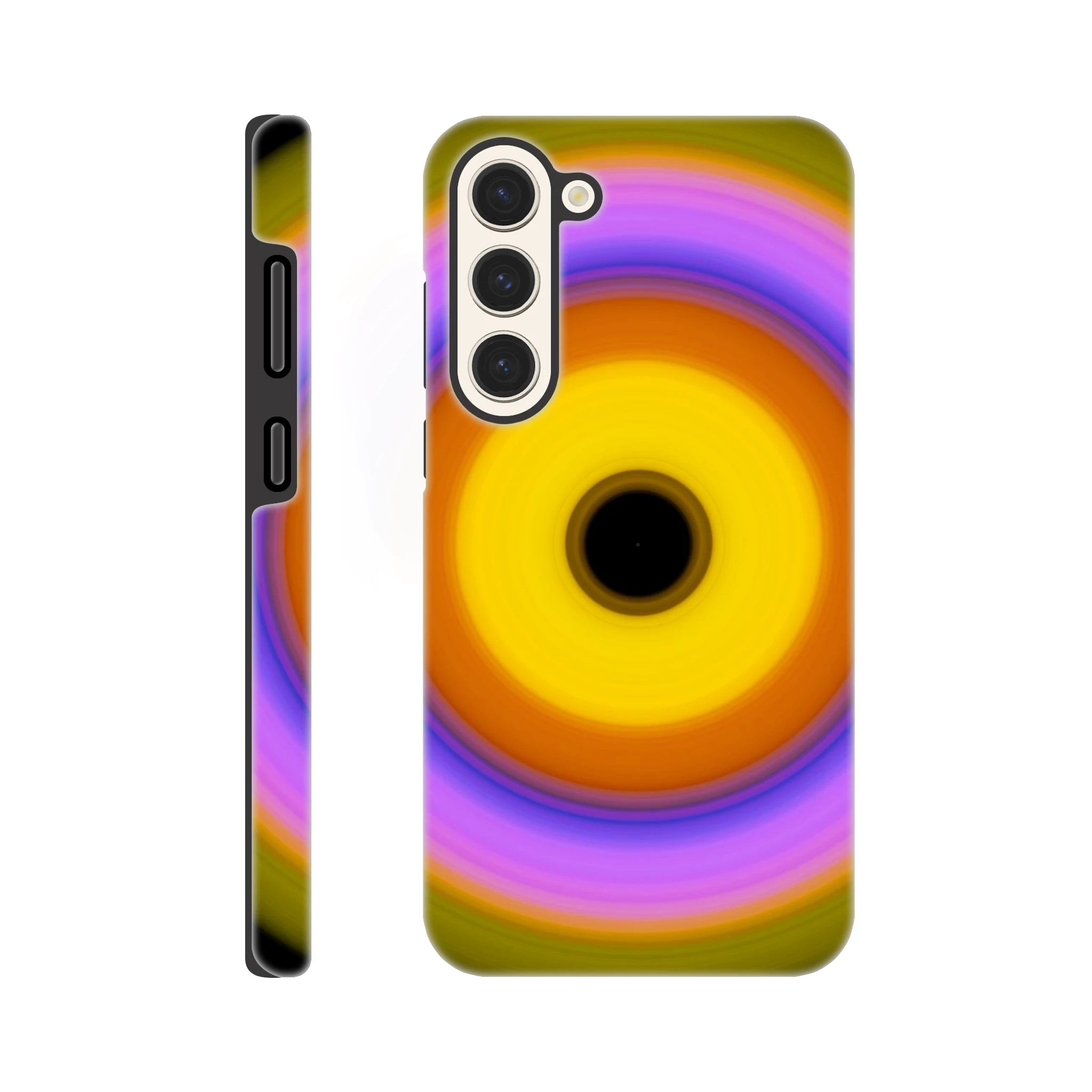 A circular pattern with six concentric rings radiating from a black center through yellow, orange, magenta, blue, lavender, and lime green.