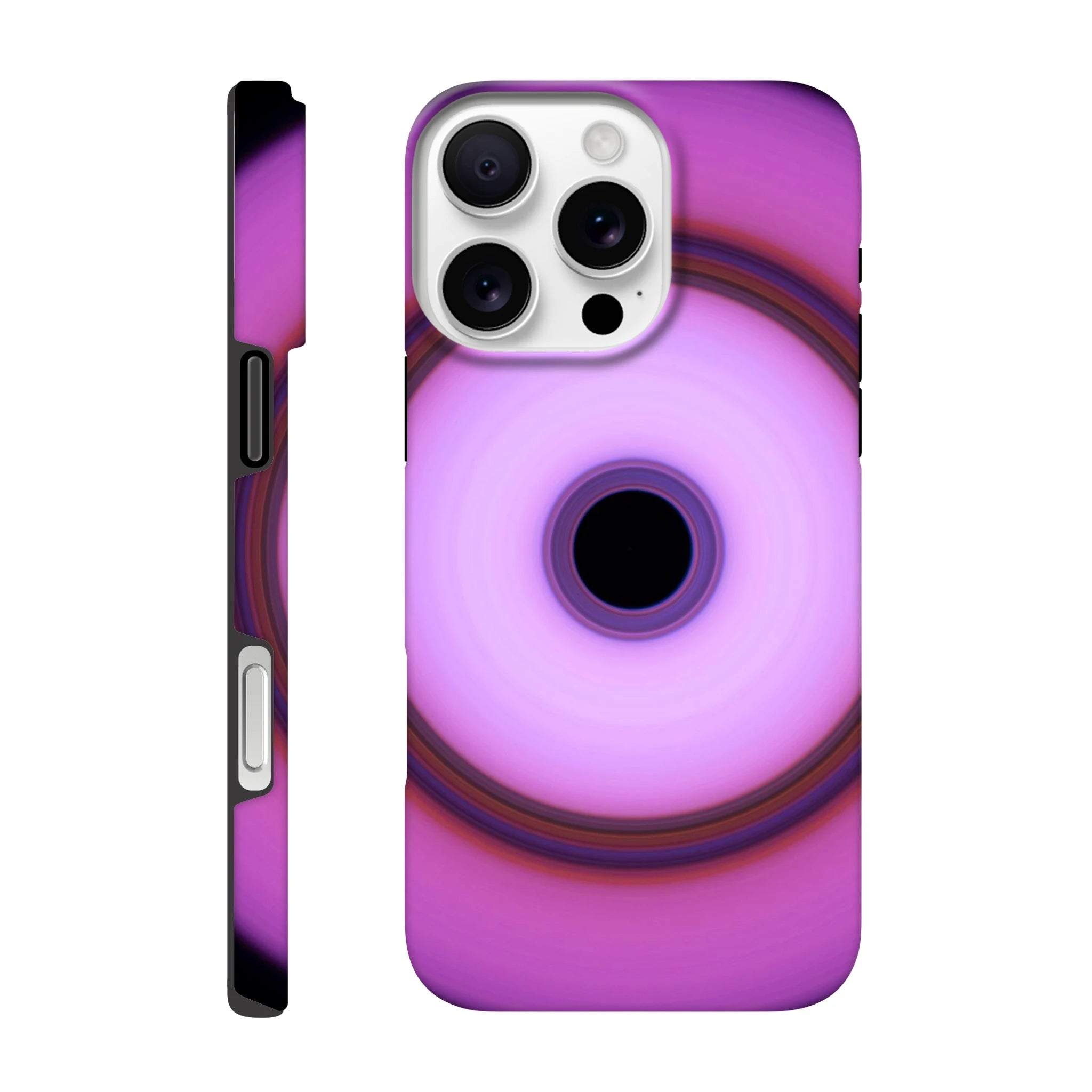 A circular form with magenta outer edges fading to white center, featuring a multicolored ring band and small black circle at the core.