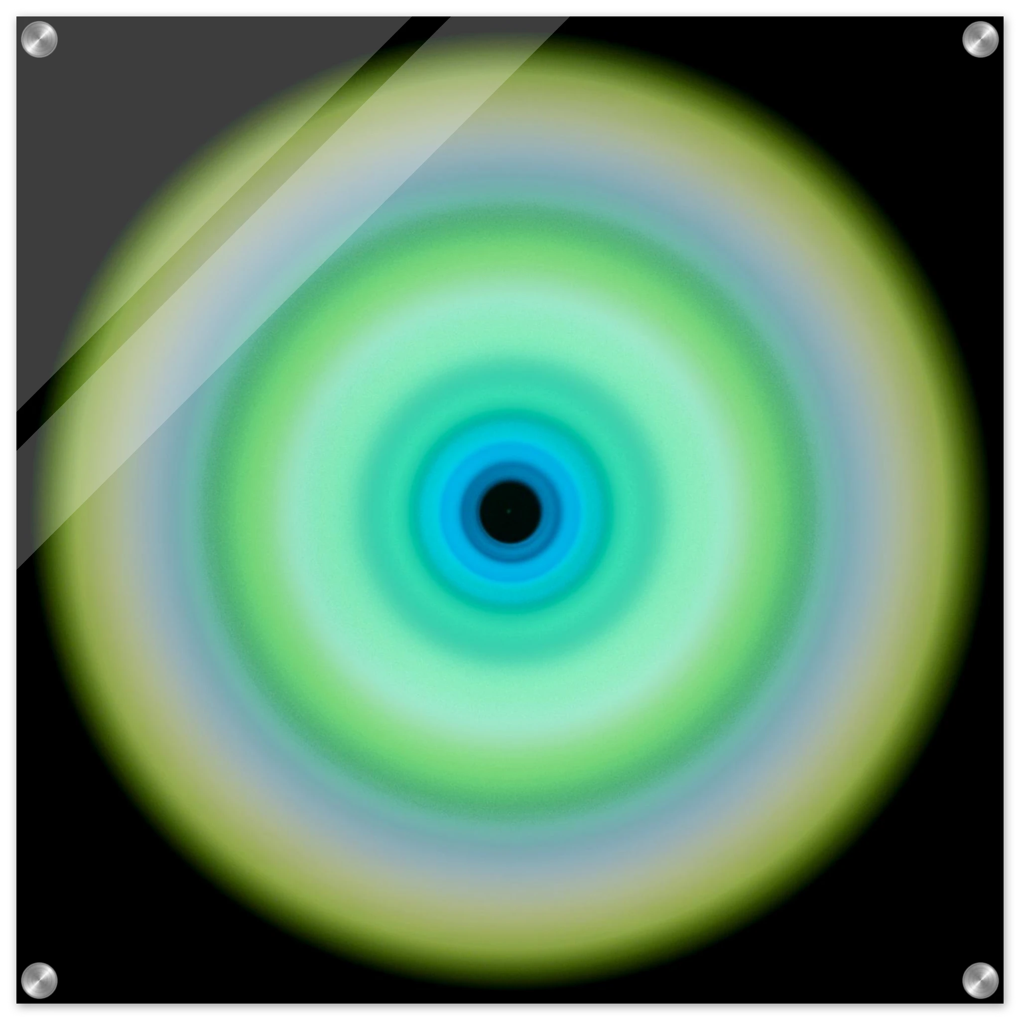 A circular form with concentric rings transitioning from pale yellow-green on the outer edge through lime green and aqua to cobalt blue around a small dark center.