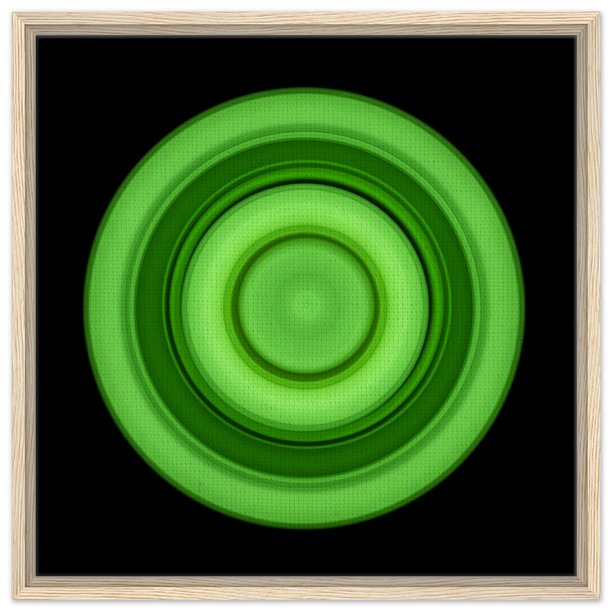 A circular disc with concentric rings in lime green tones radiating from a bright center core to darker green outer edges on black background.