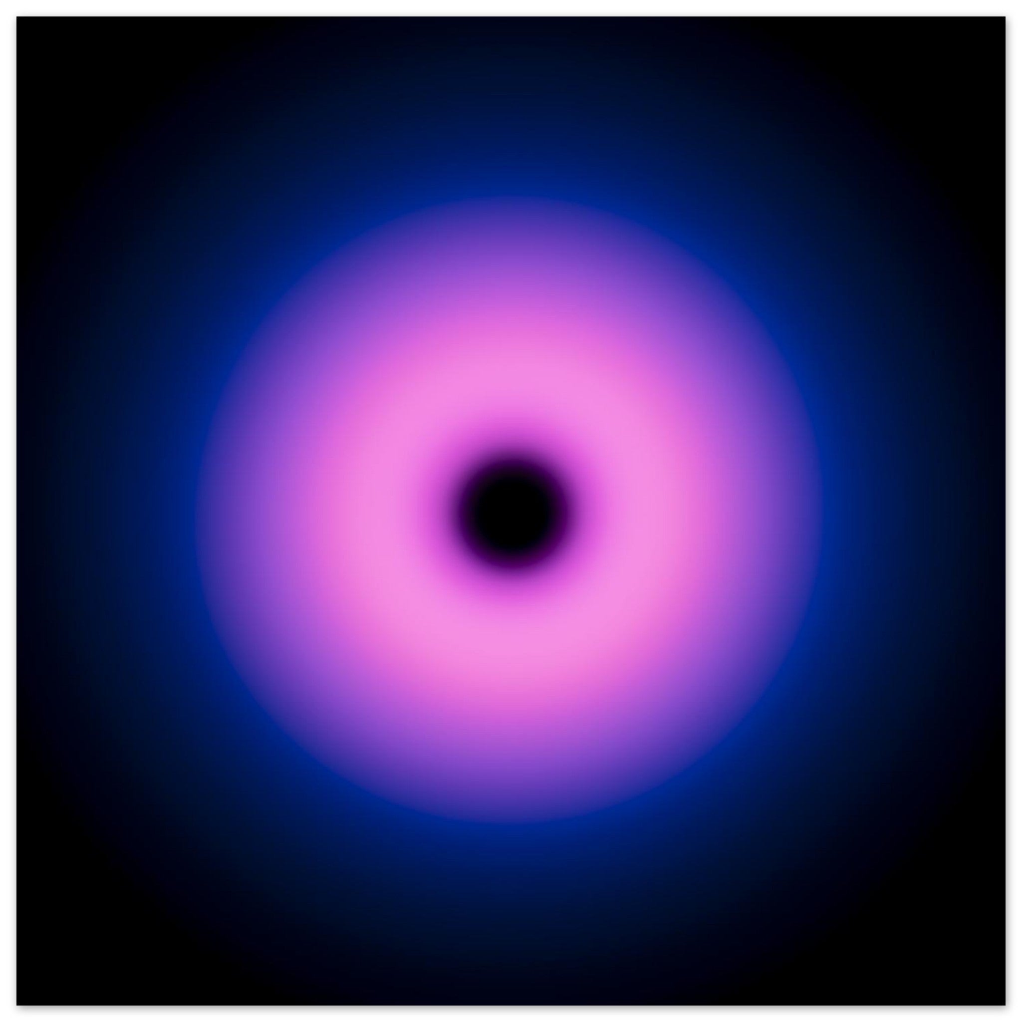 A circular gradient shape with a black center that transitions from hot pink to purple to deep blue at the outer edges.