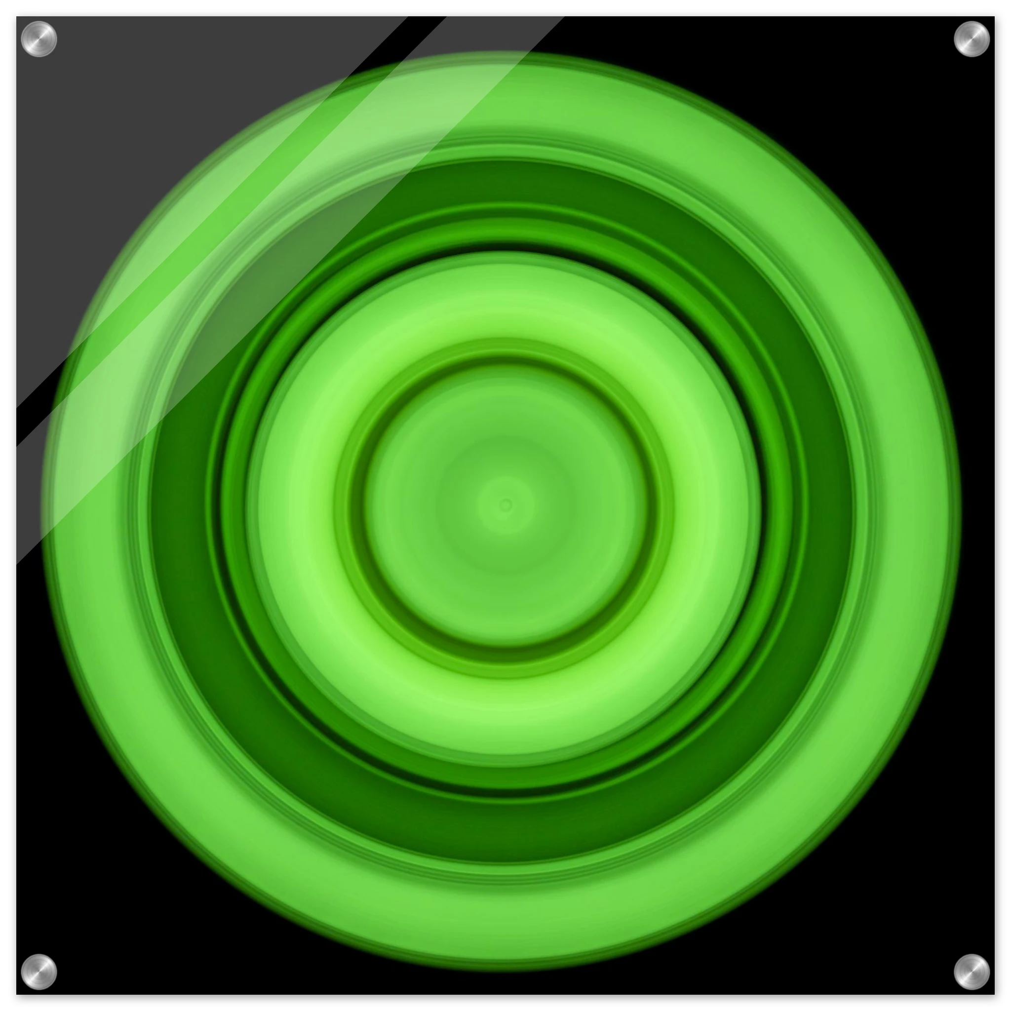A circular disc with concentric rings in lime green tones radiating from a bright center core to darker green outer edges on black background.