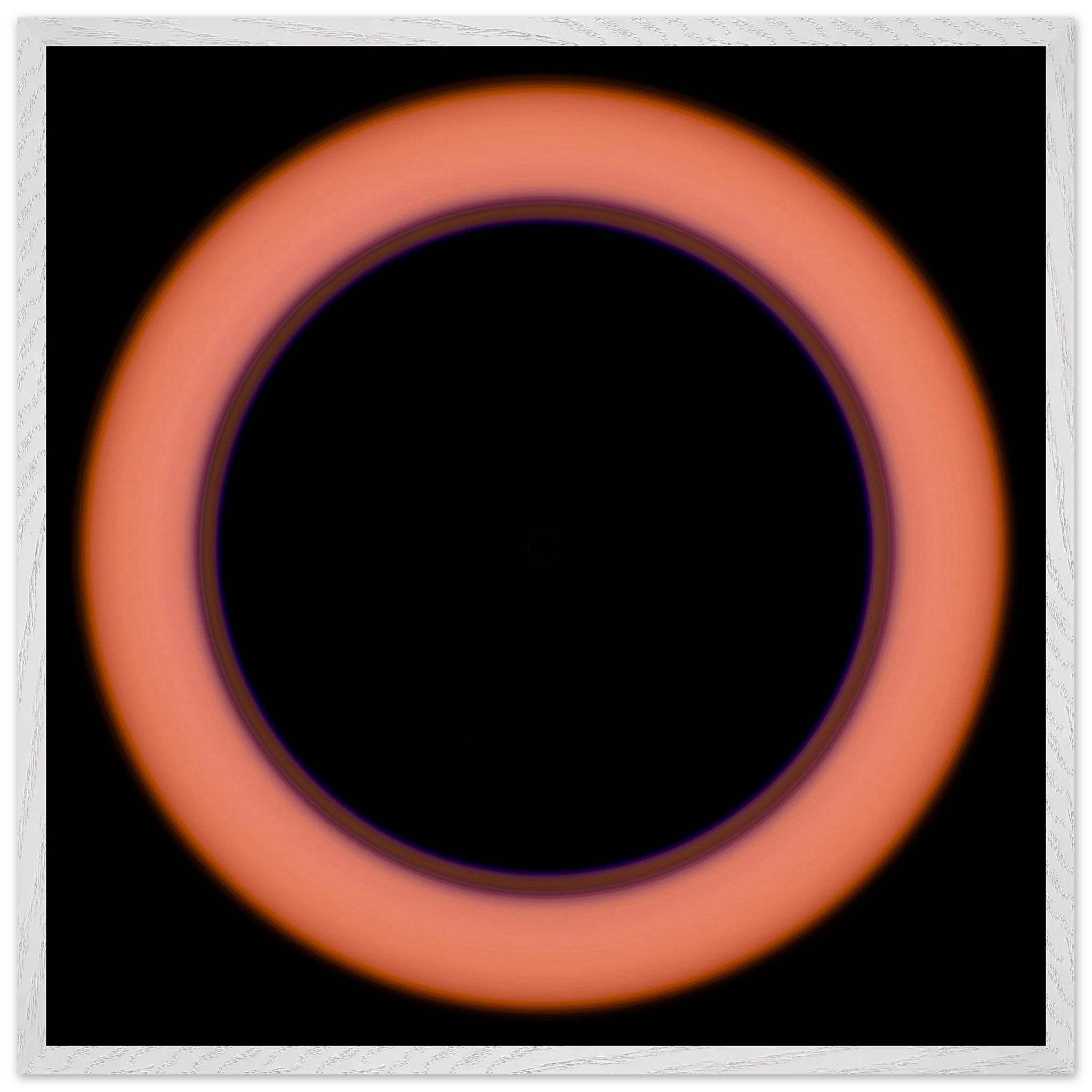 A circular image with a large black center surrounded by a thin violet ring that transitions to coral orange at the outer edges.