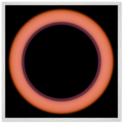 A circular image with a large black center surrounded by a thin violet ring that transitions to coral orange at the outer edges.