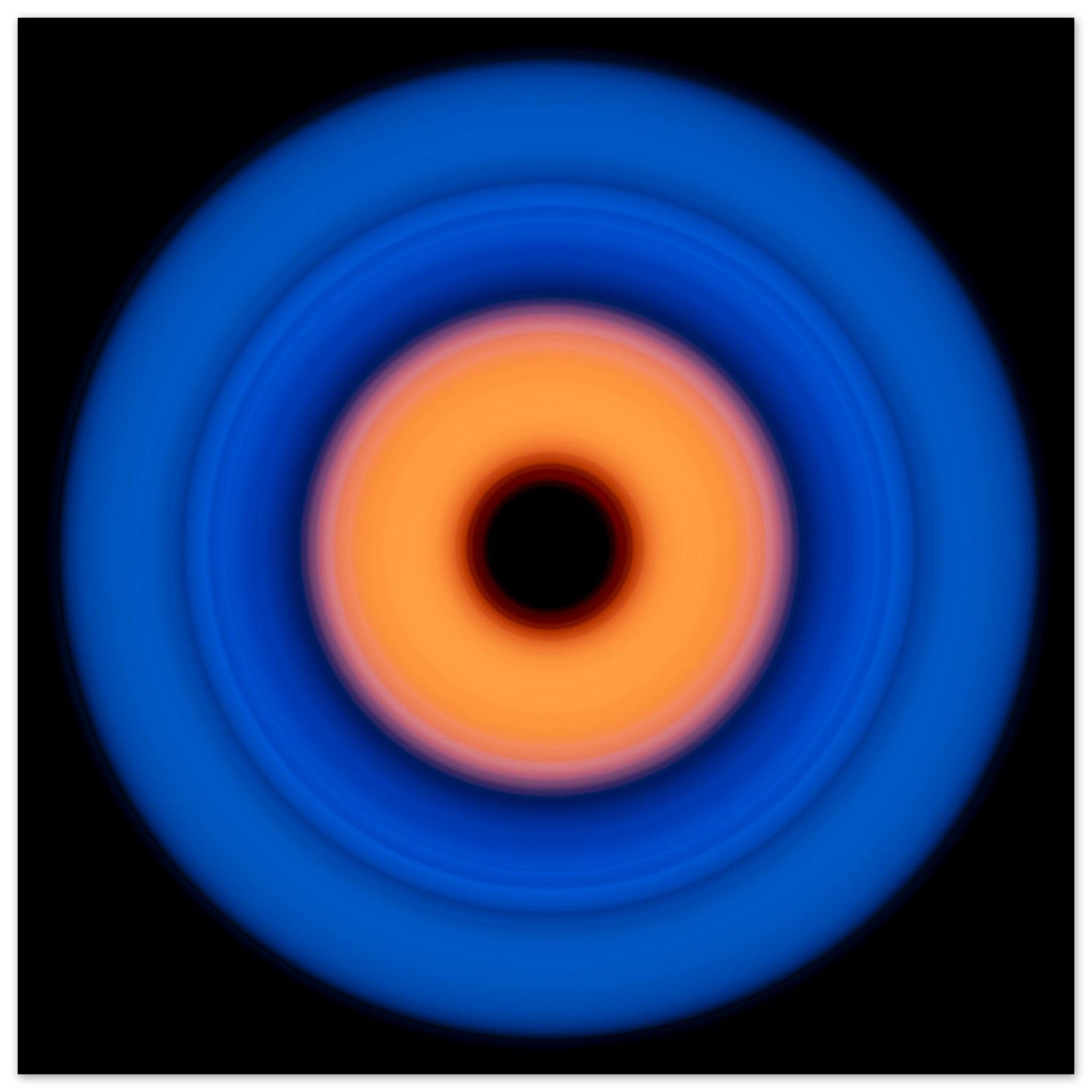 A circular ring with deep blue outer edge transitioning through purple-pink to coral orange center with a small black void in the middle.