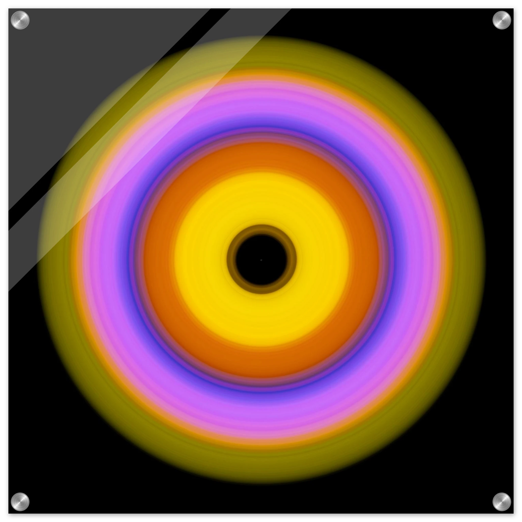 A circular pattern with six concentric rings radiating from a black center through yellow, orange, magenta, blue, lavender, and lime green.