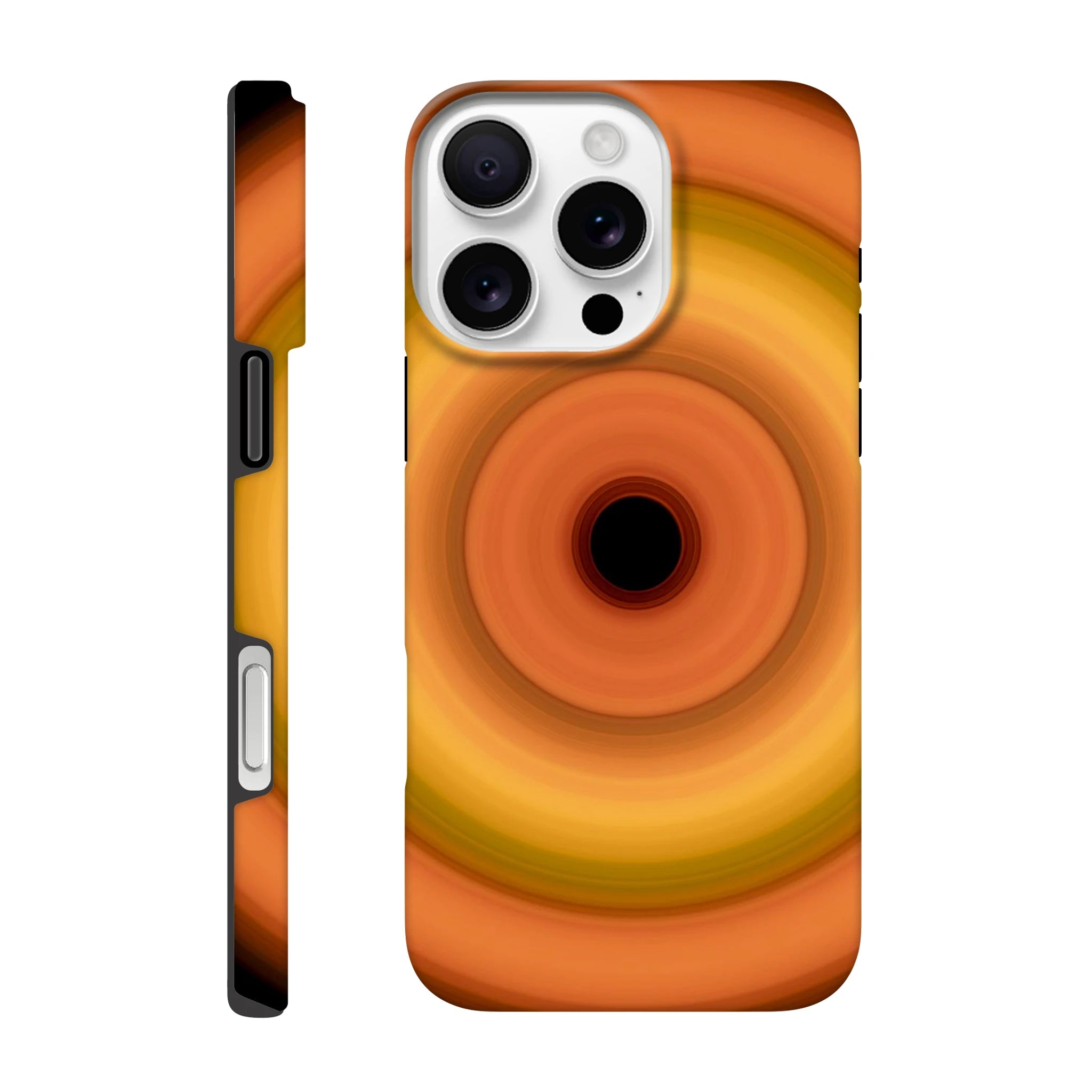 Circular concentric rings transitioning from coral orange outer edge through bright yellow middle bands to soft orange inner ring with small black center.