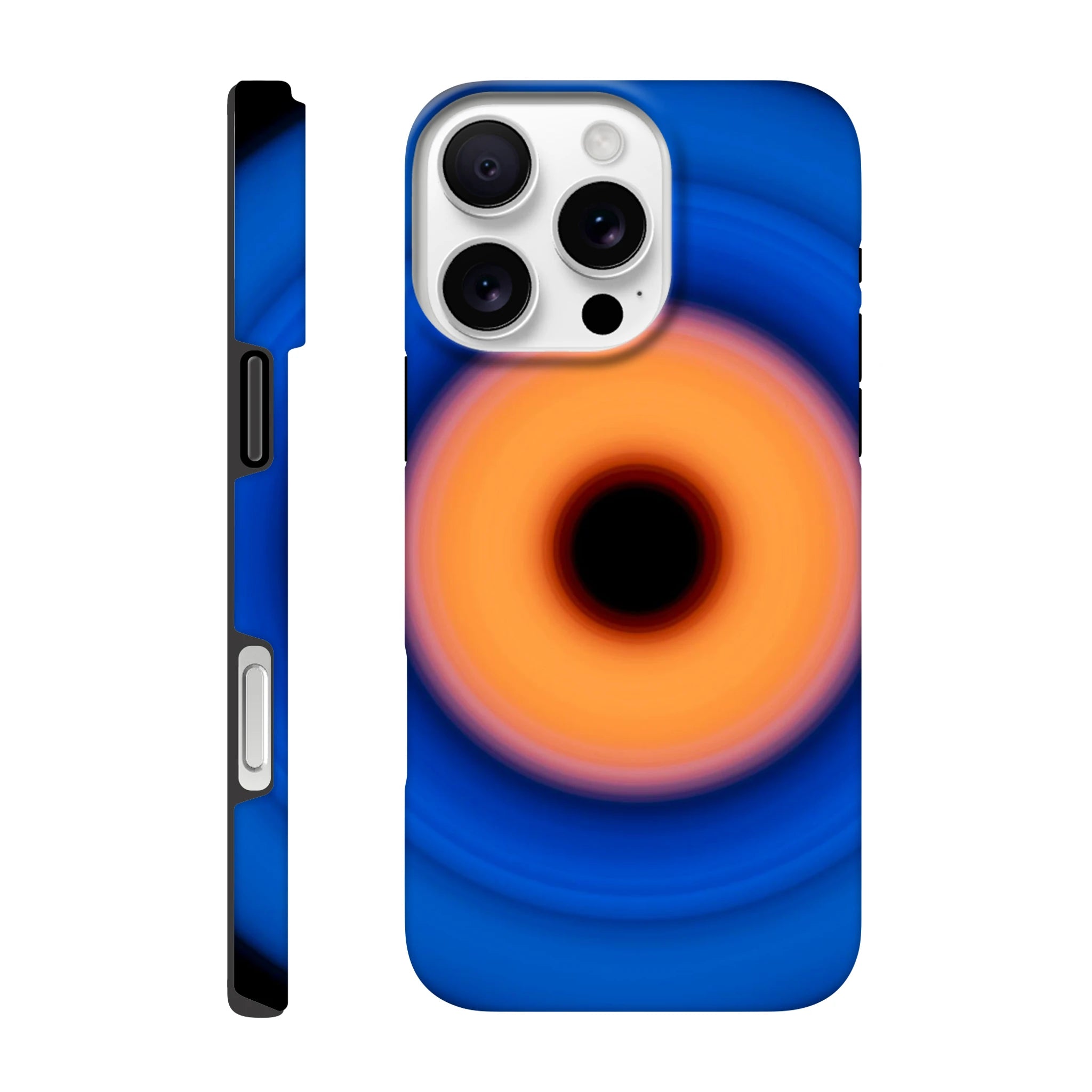 A circular ring with deep blue outer edge transitioning through purple-pink to coral orange center with a small black void in the middle.