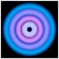 A circular aperture shape with electric blue outer ring transitioning through purple and violet to a bright pink core with a small dark center.