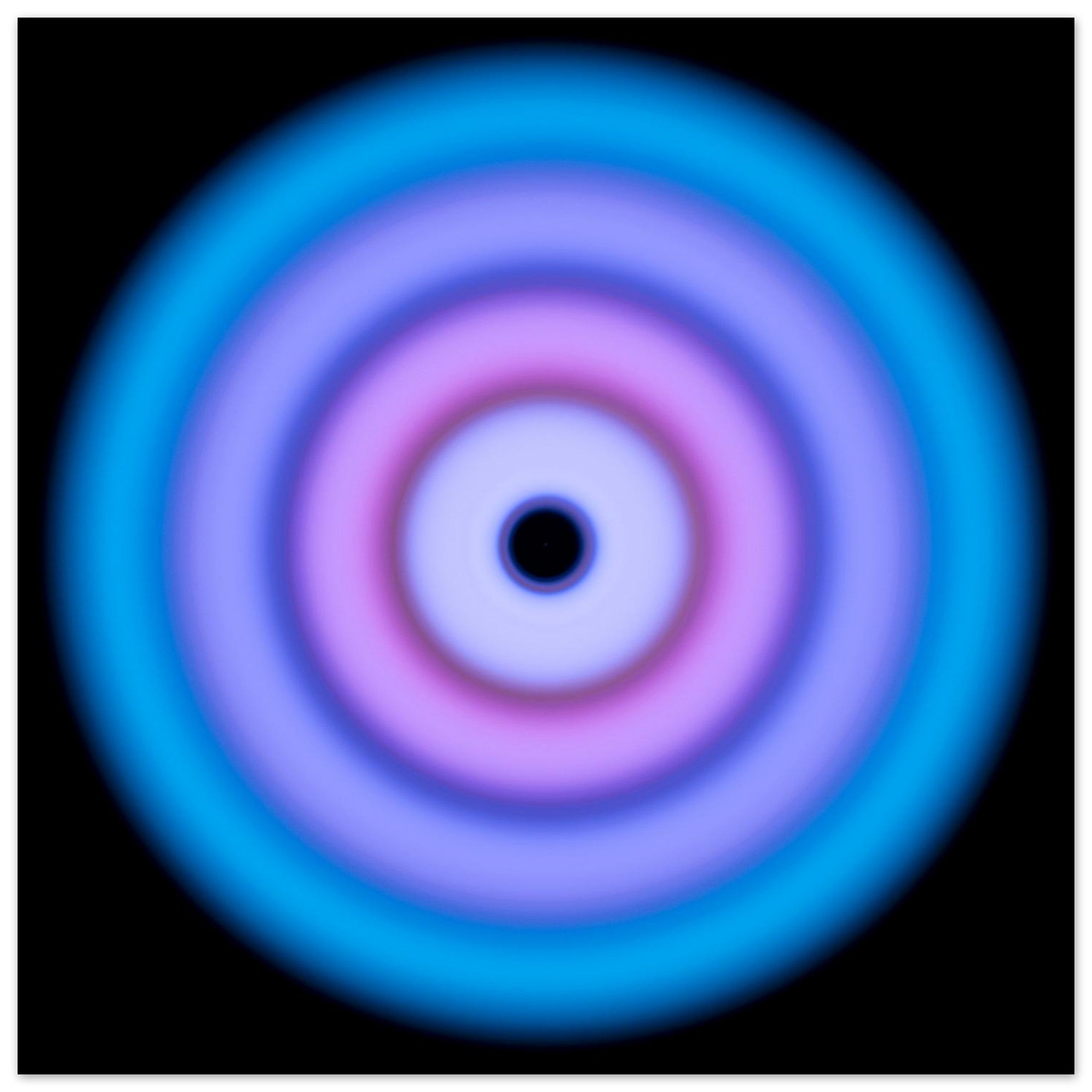 A circular aperture shape with electric blue outer ring transitioning through purple and violet to a bright pink core with a small dark center.