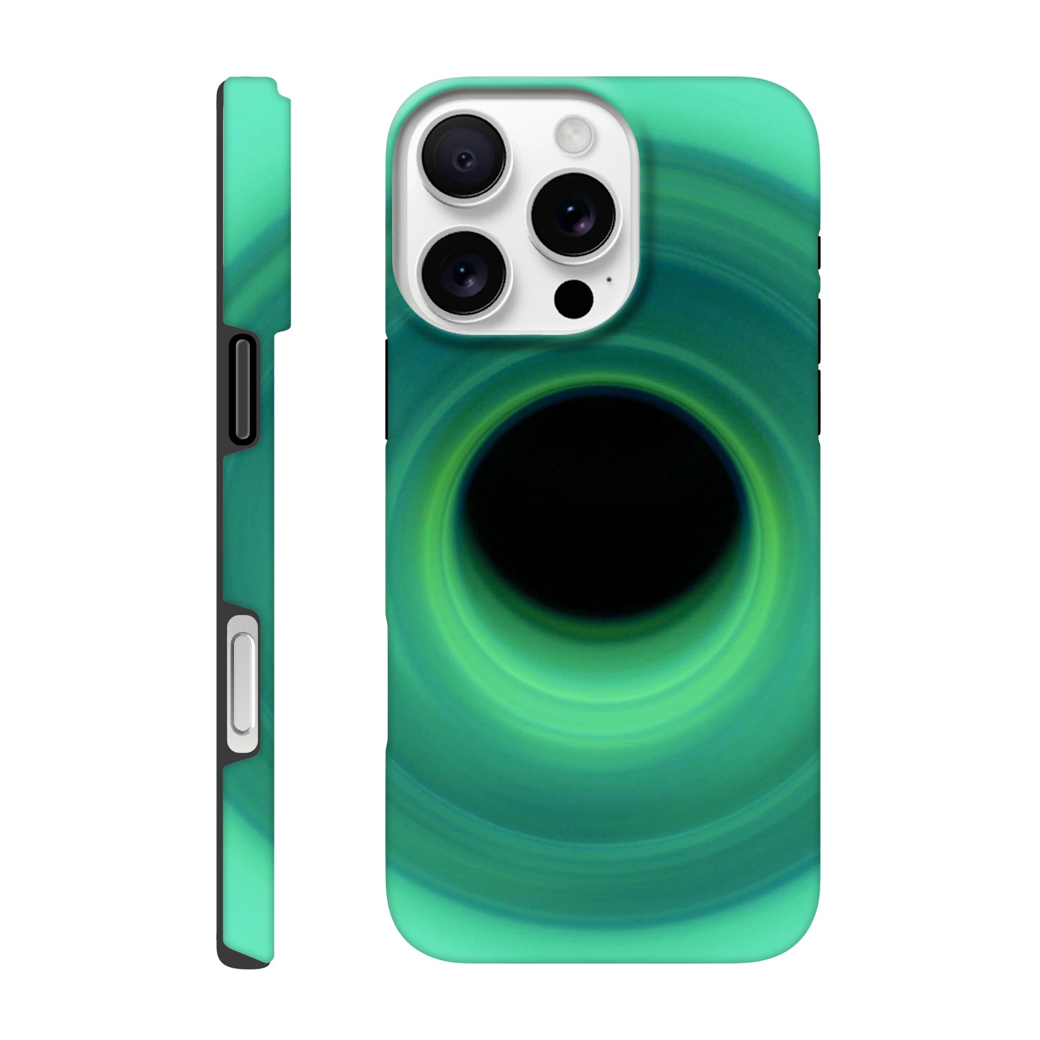 A spiral swirl of mint green light that deepens to teal color as it curves inward toward a black circular center.