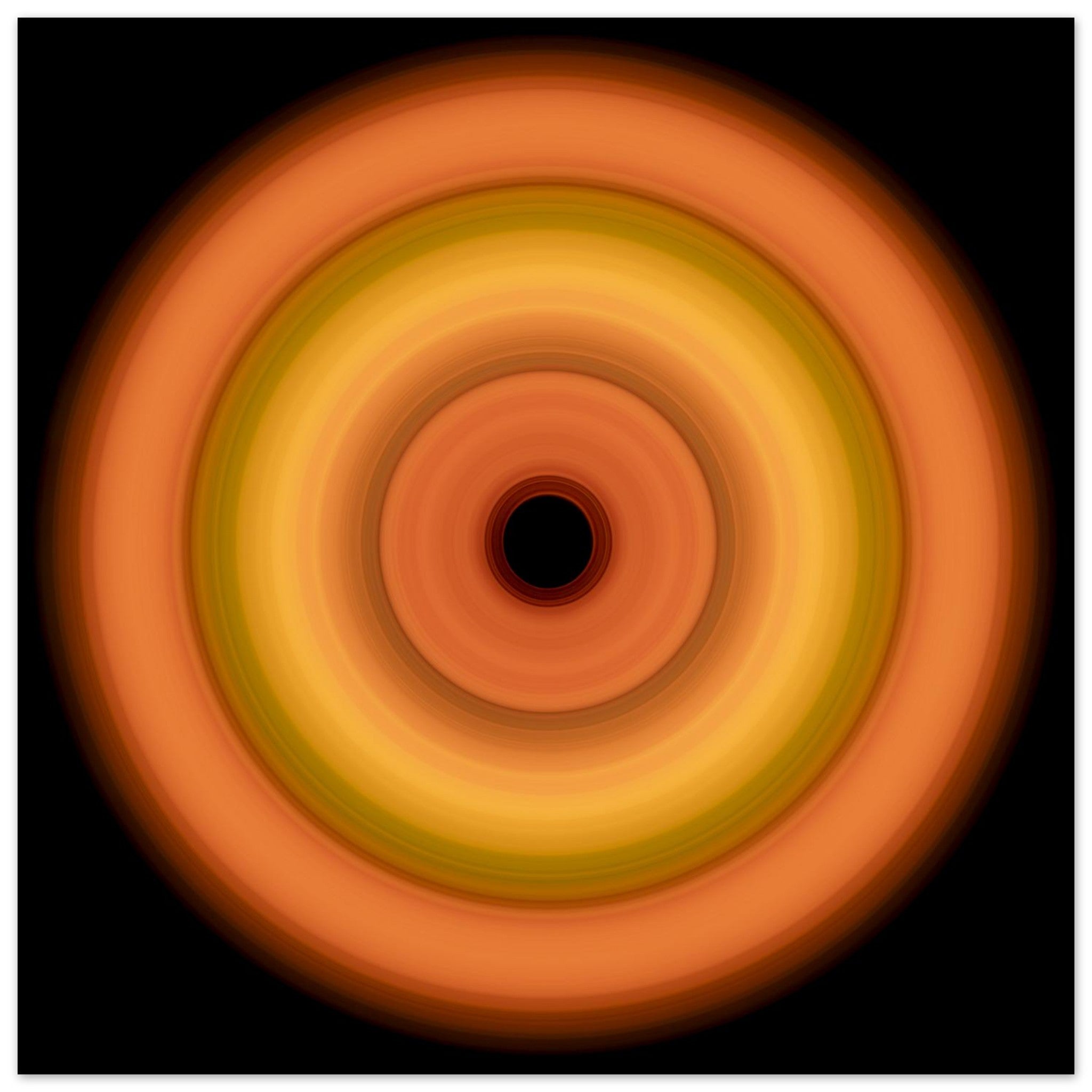 Circular concentric rings transitioning from coral orange outer edge through bright yellow middle bands to soft orange inner ring with small black center.