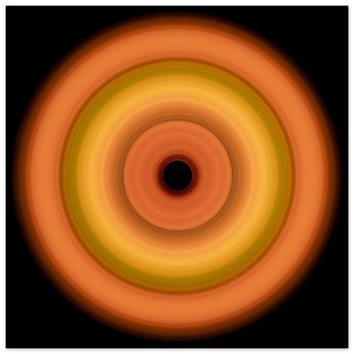 Circular concentric rings transitioning from coral orange outer edge through bright yellow middle bands to soft orange inner ring with small black center.