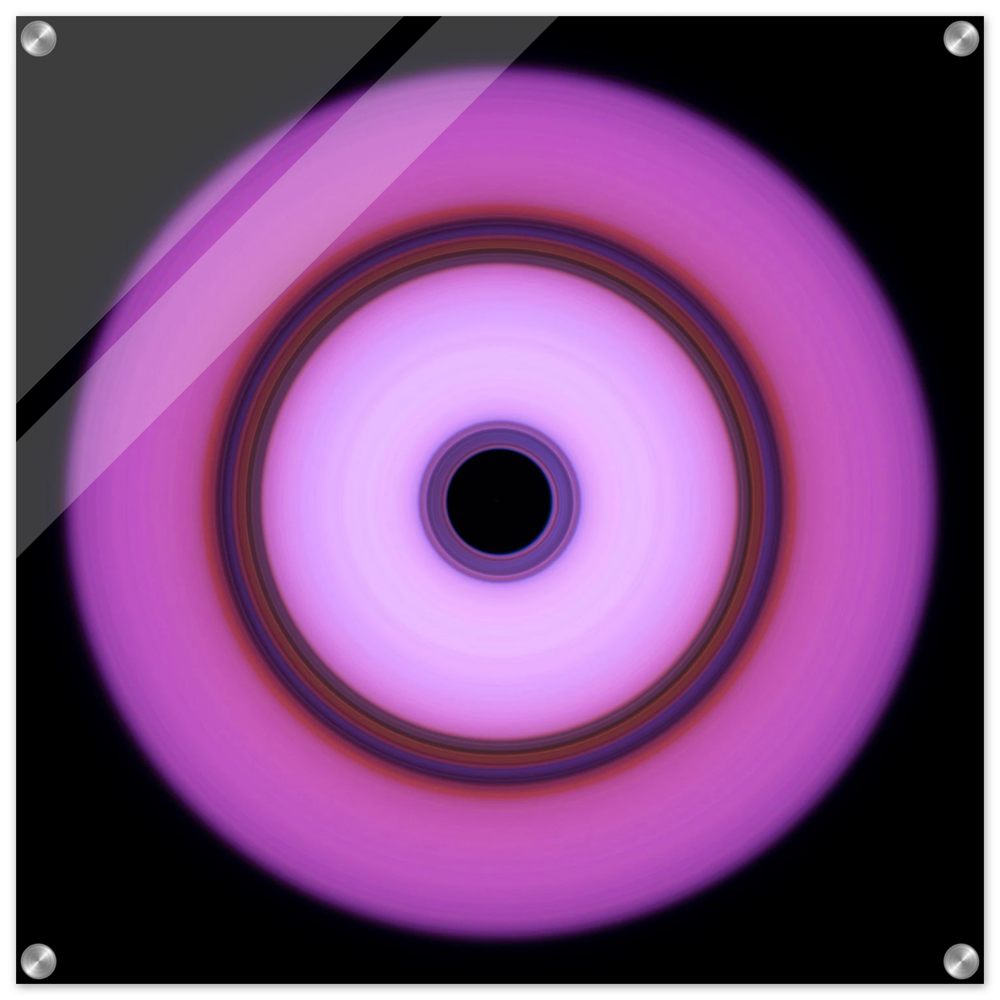 A circular form with magenta outer edges fading to white center, featuring a multicolored ring band and small black circle at the core.