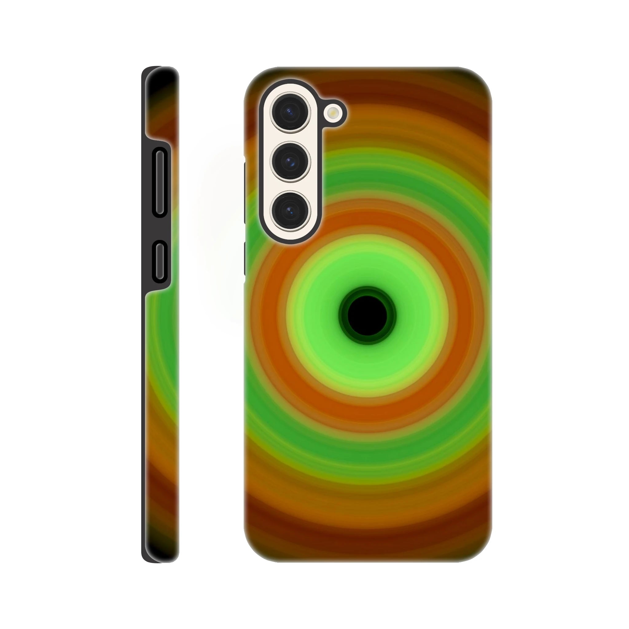 Circular image with seven concentric rings transitioning from burnt orange outer edge through yellow and green tones to pale lime center with small black void.